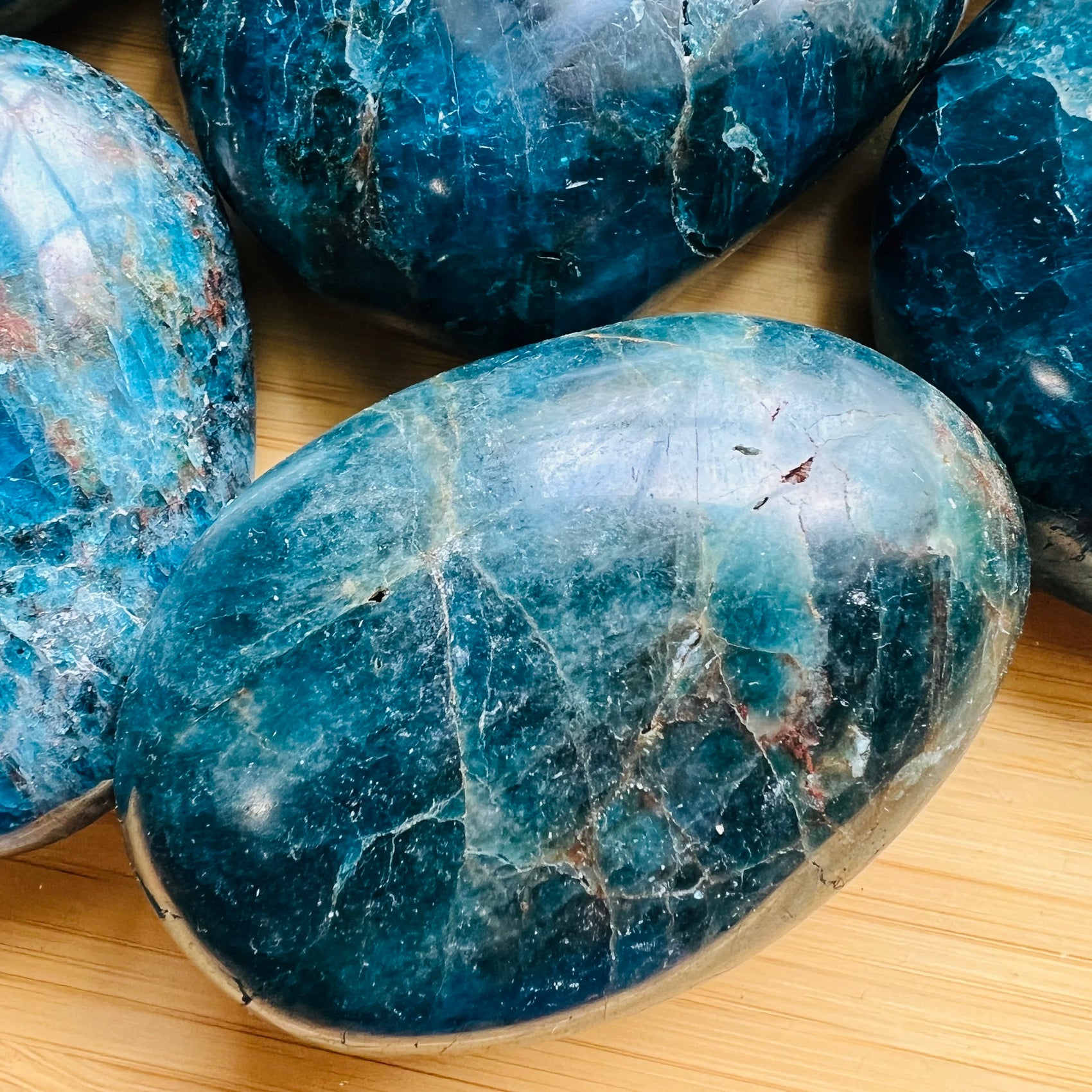 Detail capture of Apatite palm stone, hand-selected from Anosy, Madagascar.
