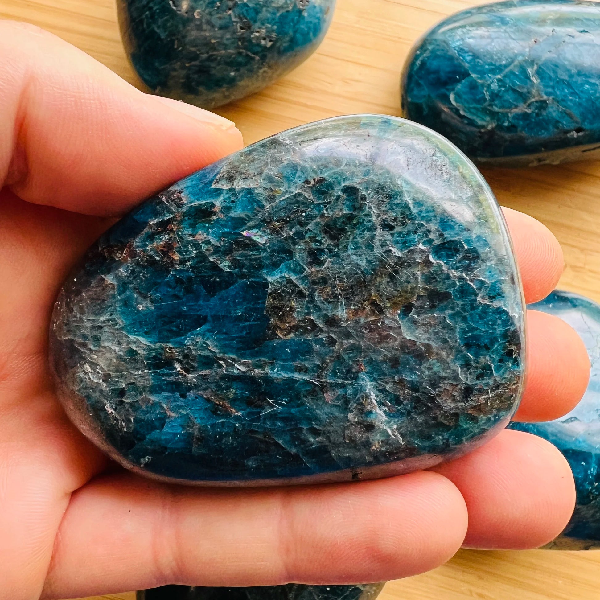 Full profile of Grade AA Apatite palm stone ready to ship from Beyond Bohemian