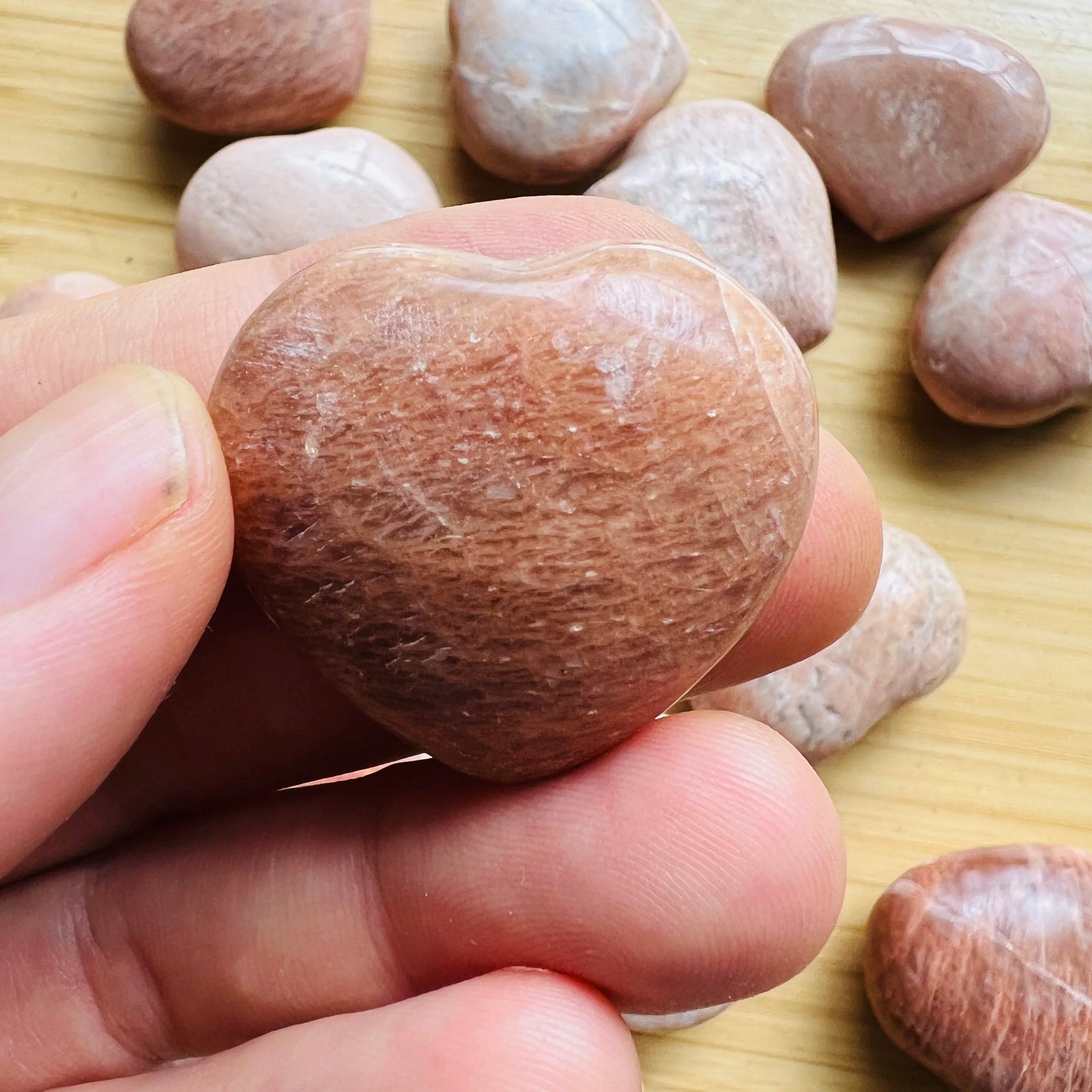 Full profile of Grade AA Peach Moonstone heart ready to ship from Beyond Bohemian