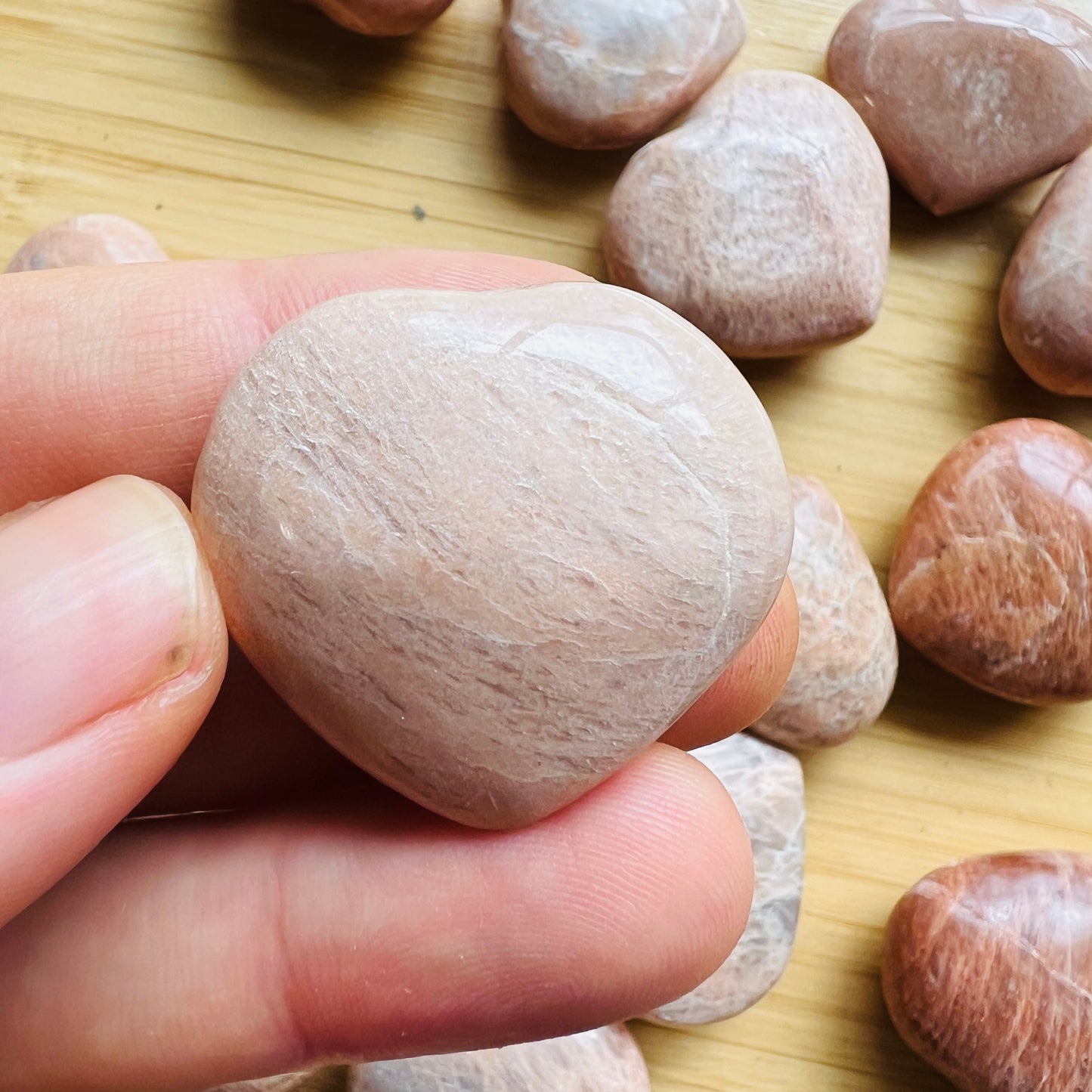 Full profile of Grade AA Peach Moonstone heart ready to ship from Beyond Bohemian