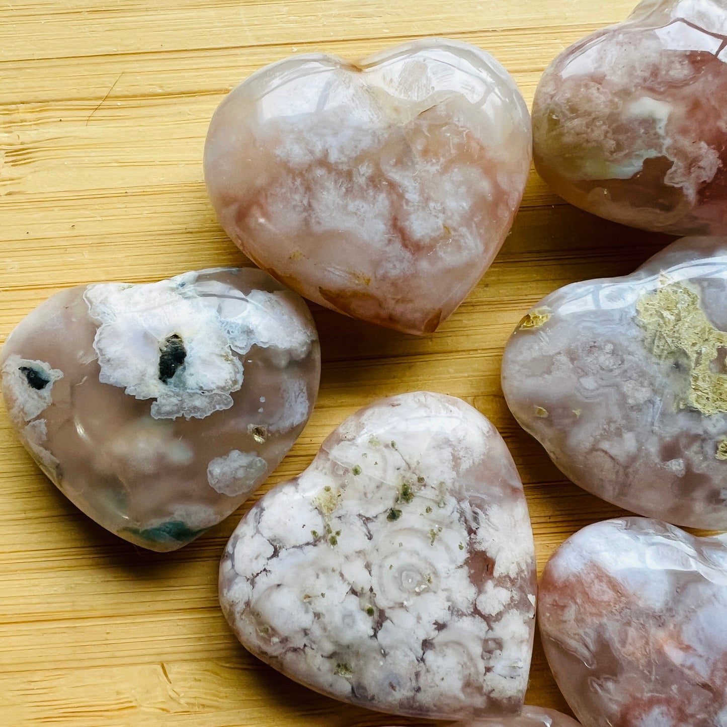 Full profile of Grade AA Flower Agate heart ready to ship from Beyond Bohemian