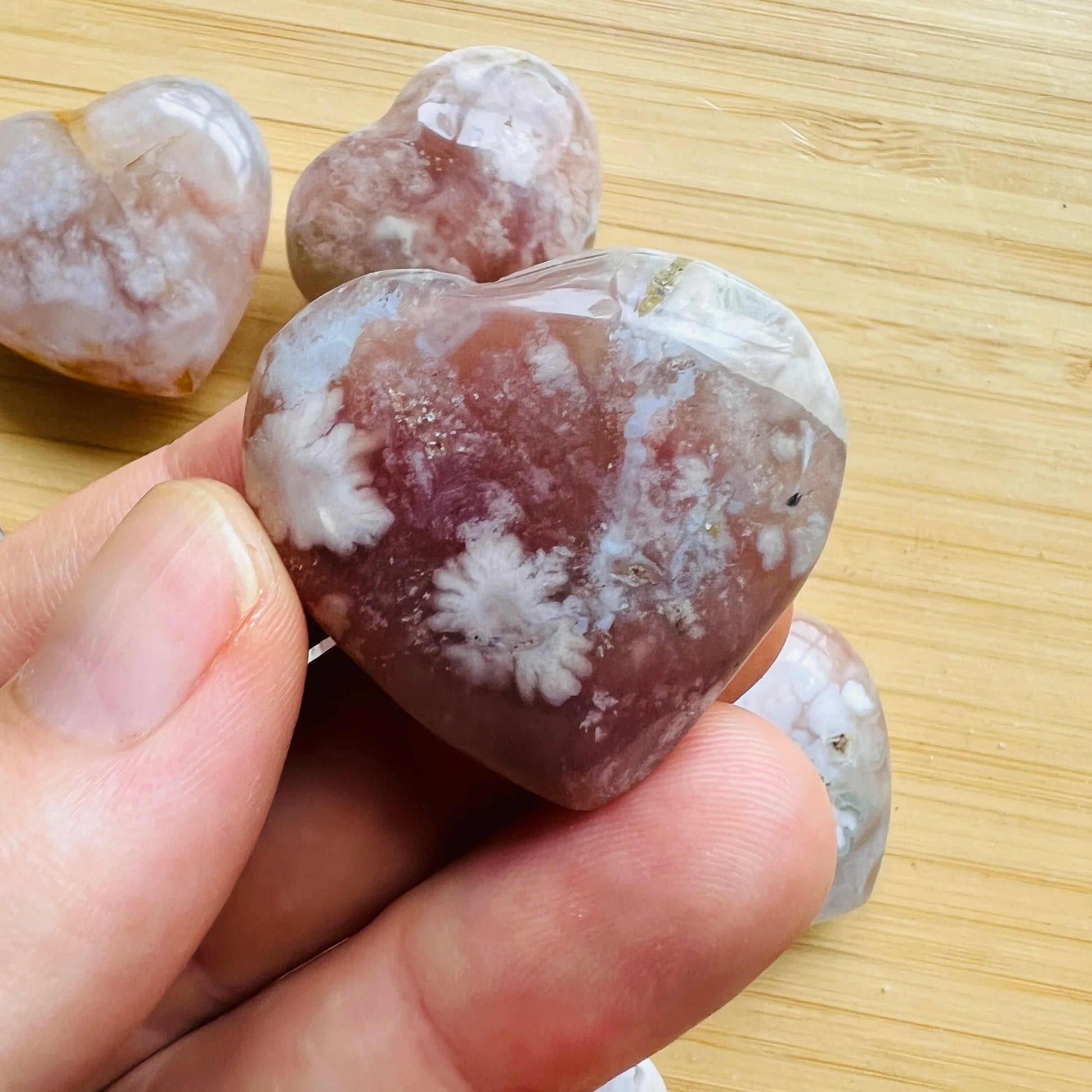 Full profile of Grade AA Flower Agate heart ready to ship from Beyond Bohemian