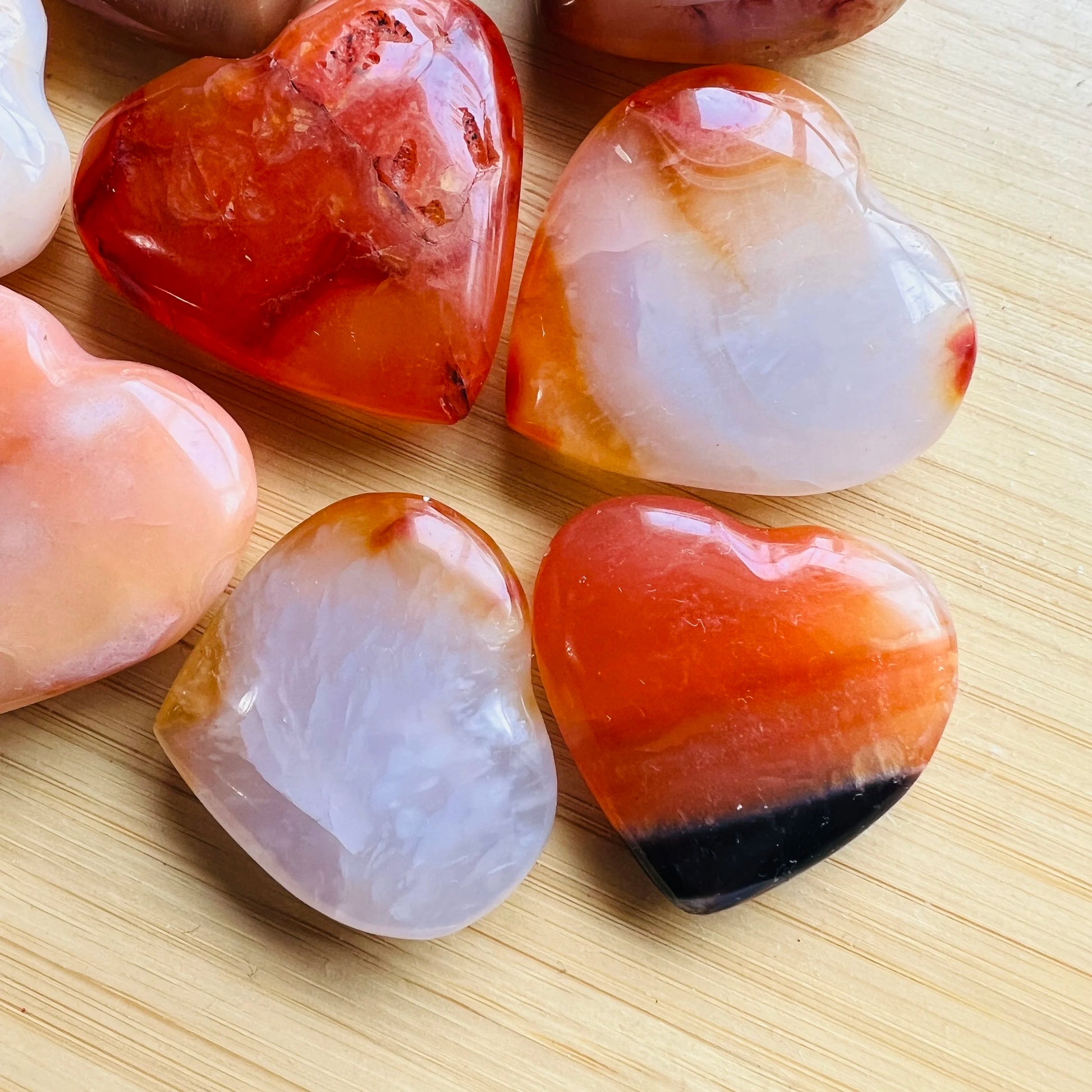Top view of Grade AA Carnelian heart, sourced from Boeny, Madagascar