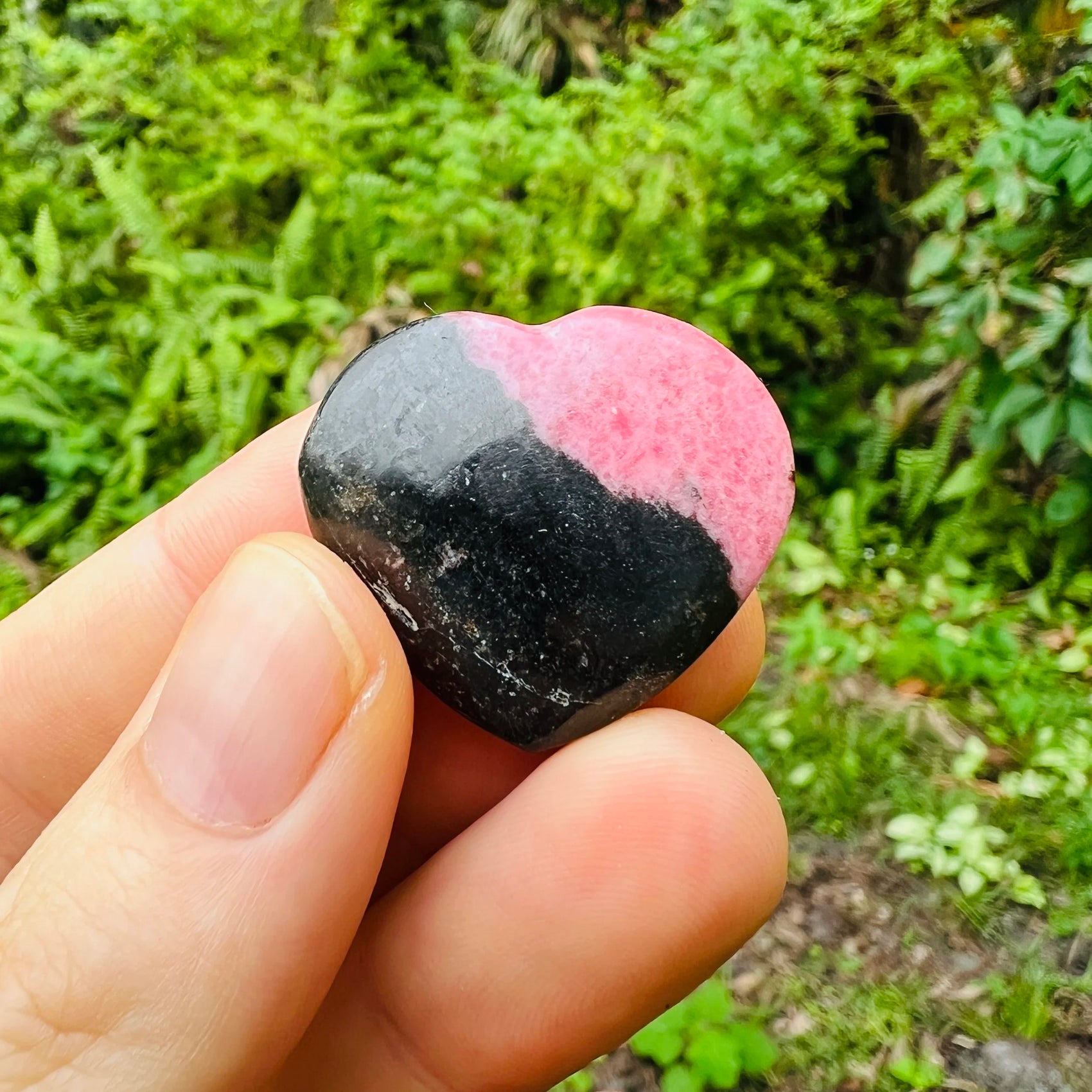 Edge-on view of Rhodonite polished heart, showing translucent edges, hand-selected from Atsimo-Andrefana, Madagascar.