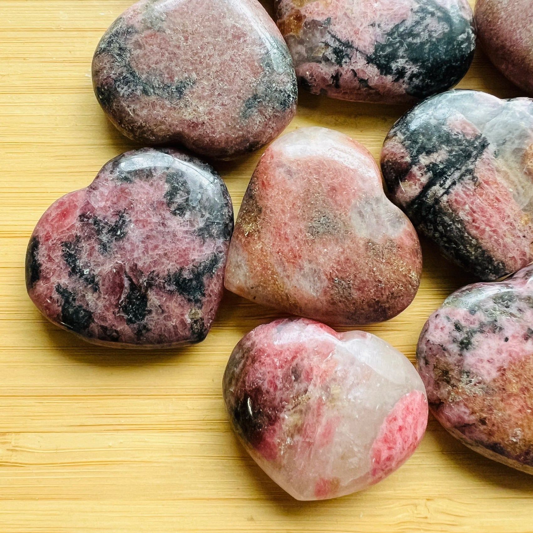 Full profile of Grade AA Rhodonite heart ready to ship from Beyond Bohemian
