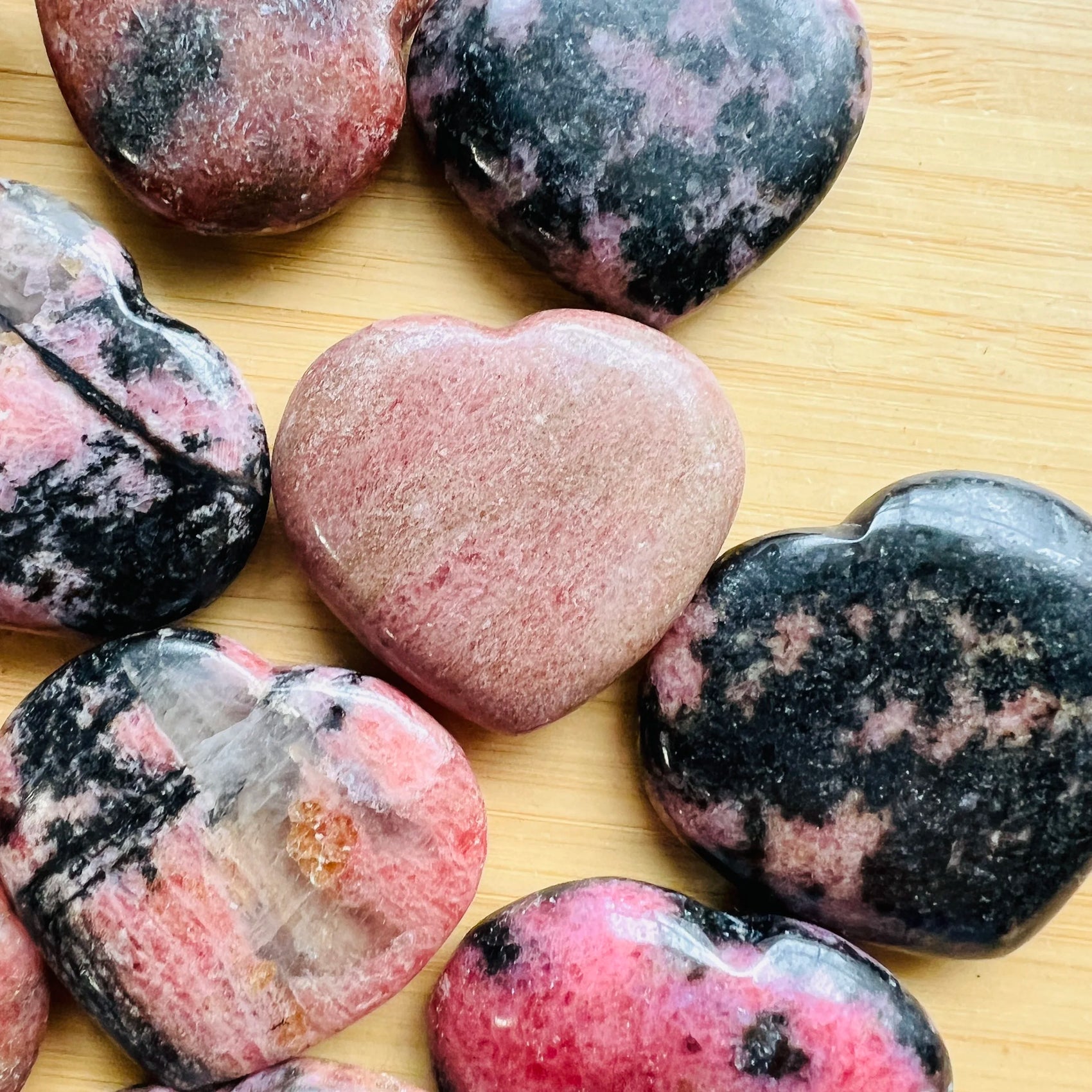 Full profile of Grade AA Rhodonite heart ready to ship from Beyond Bohemian