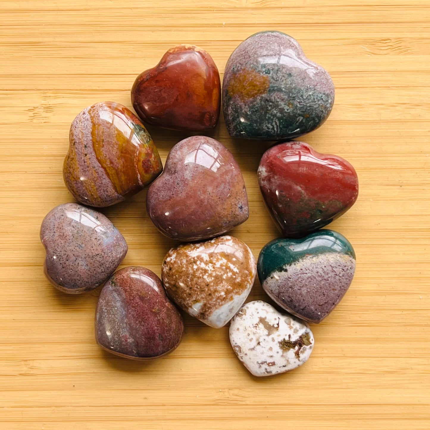 Ocean Jasper heart carving in Green, Pink tones, ethically sourced from Madagascar for Emotional Healing and Stress Relief