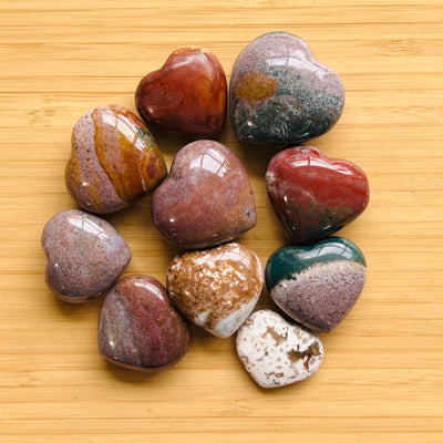 Ocean Jasper heart carving in Green, Pink tones, ethically sourced from Madagascar for Emotional Healing and Stress Relief