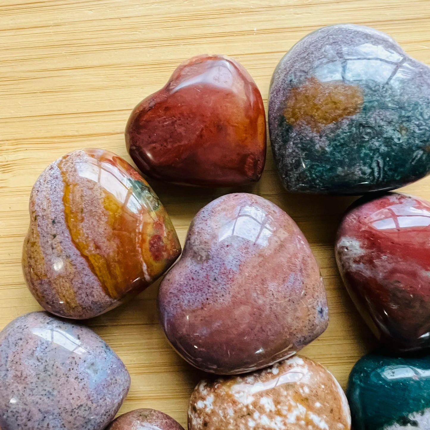 Ocean Jasper heart carving from Madagascar with Green, Pink color, polished finish for mindful calm