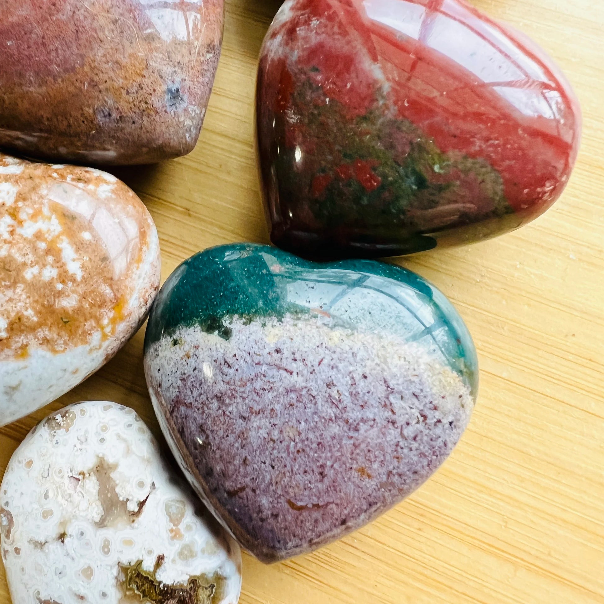 Handheld Ocean Jasper heart carving from Madagascar for meditation, Emotional Healing and Stress Relief