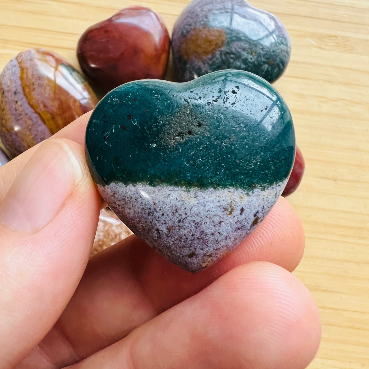 Handheld Ocean Jasper heart carving from Madagascar for meditation, Emotional Healing and Stress Relief