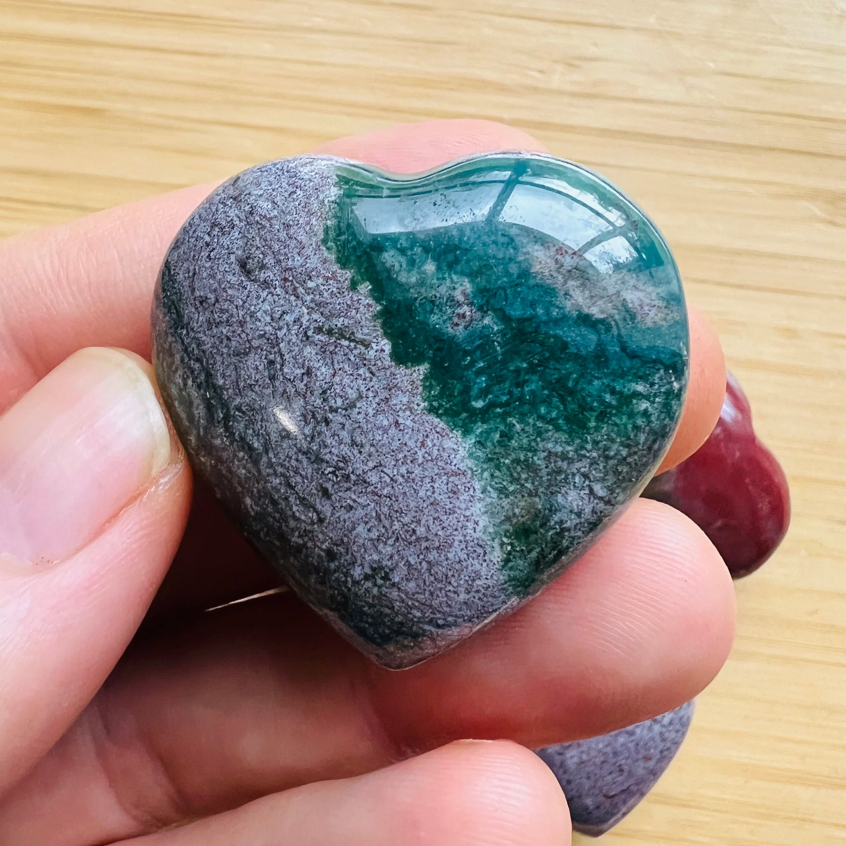 Full profile of Grade AA Ocean Jasper heart ready to ship from Beyond Bohemian