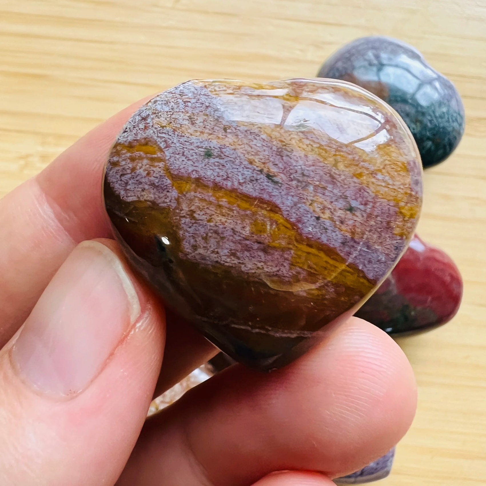 Full profile of Grade AA Ocean Jasper heart ready to ship from Beyond Bohemian