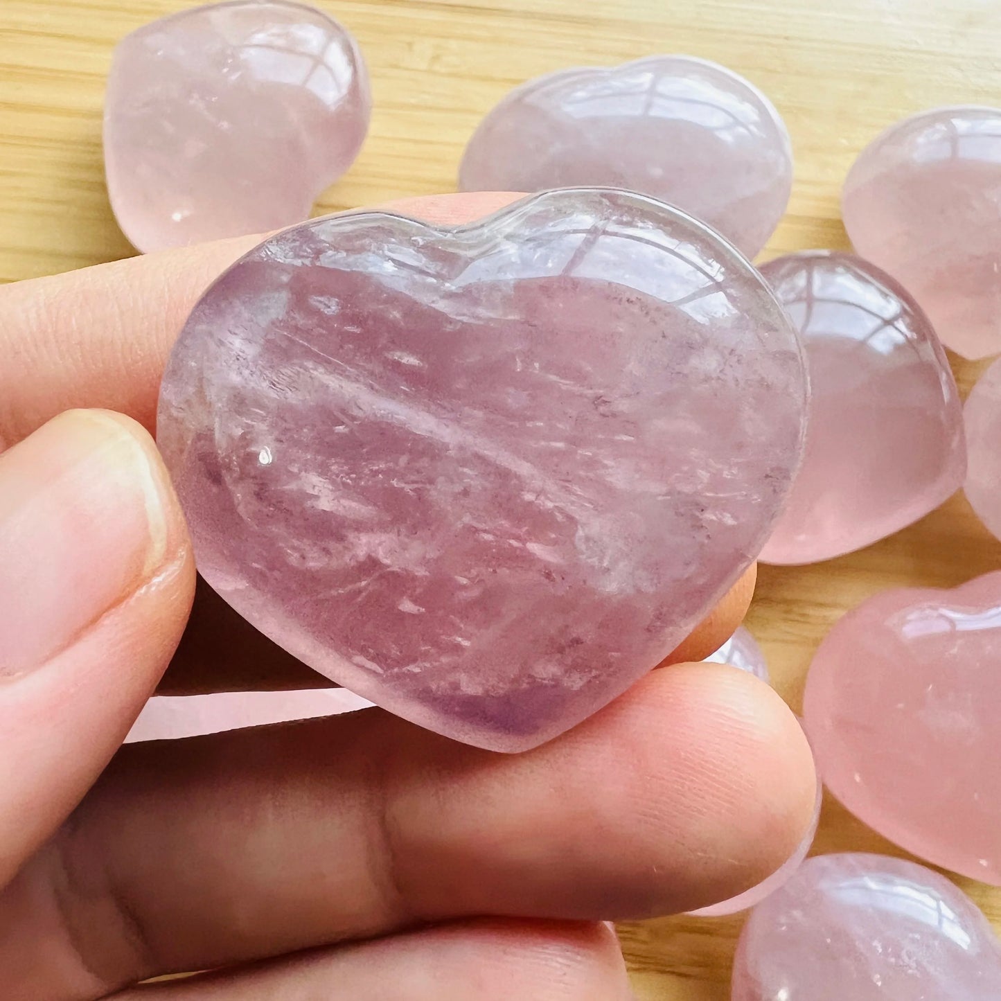 Full profile of Grade AA Rose Quartz heart ready to ship from Beyond Bohemian