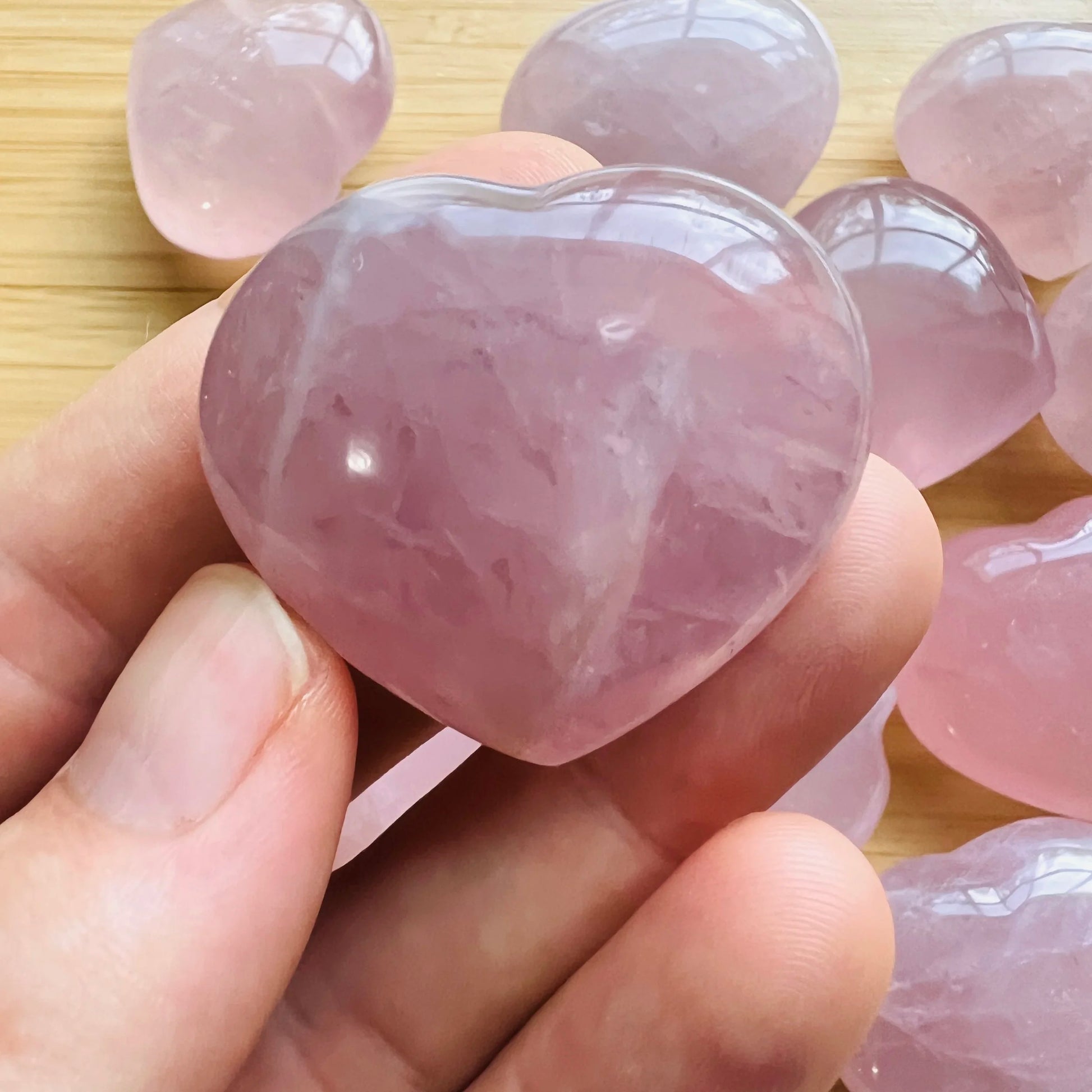 Full profile of Grade AA Rose Quartz heart ready to ship from Beyond Bohemian