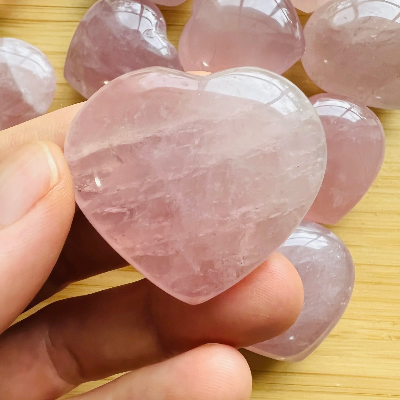 Full profile of Grade AA Rose Quartz heart ready to ship from Beyond Bohemian
