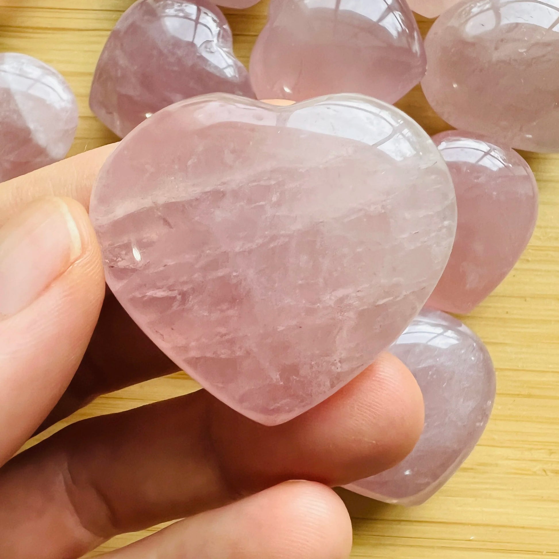 Full profile of Grade AA Rose Quartz heart ready to ship from Beyond Bohemian
