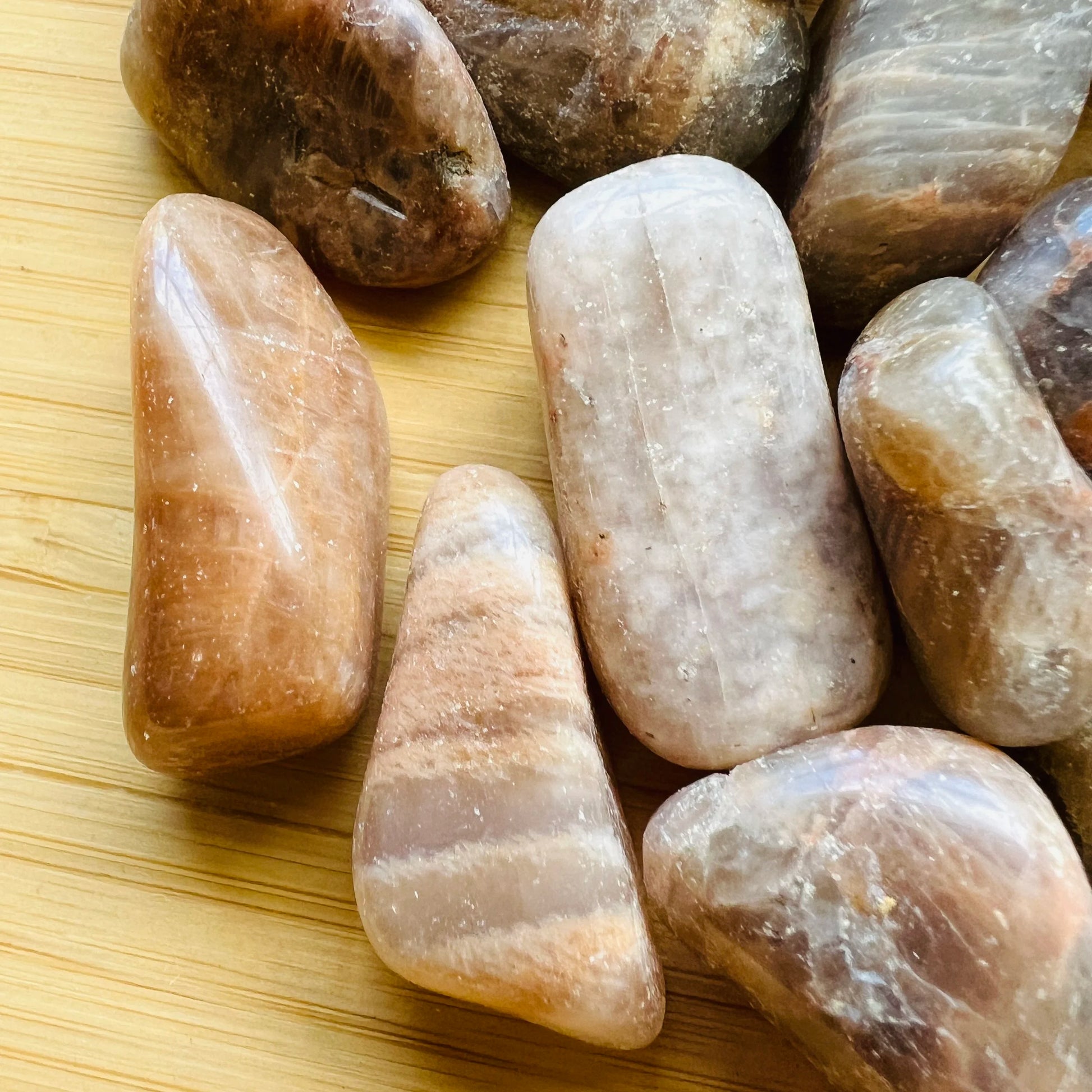 Top angle of brown Earth Moonstone tumbled stone, sourced from Minas Gerais, Brazil.