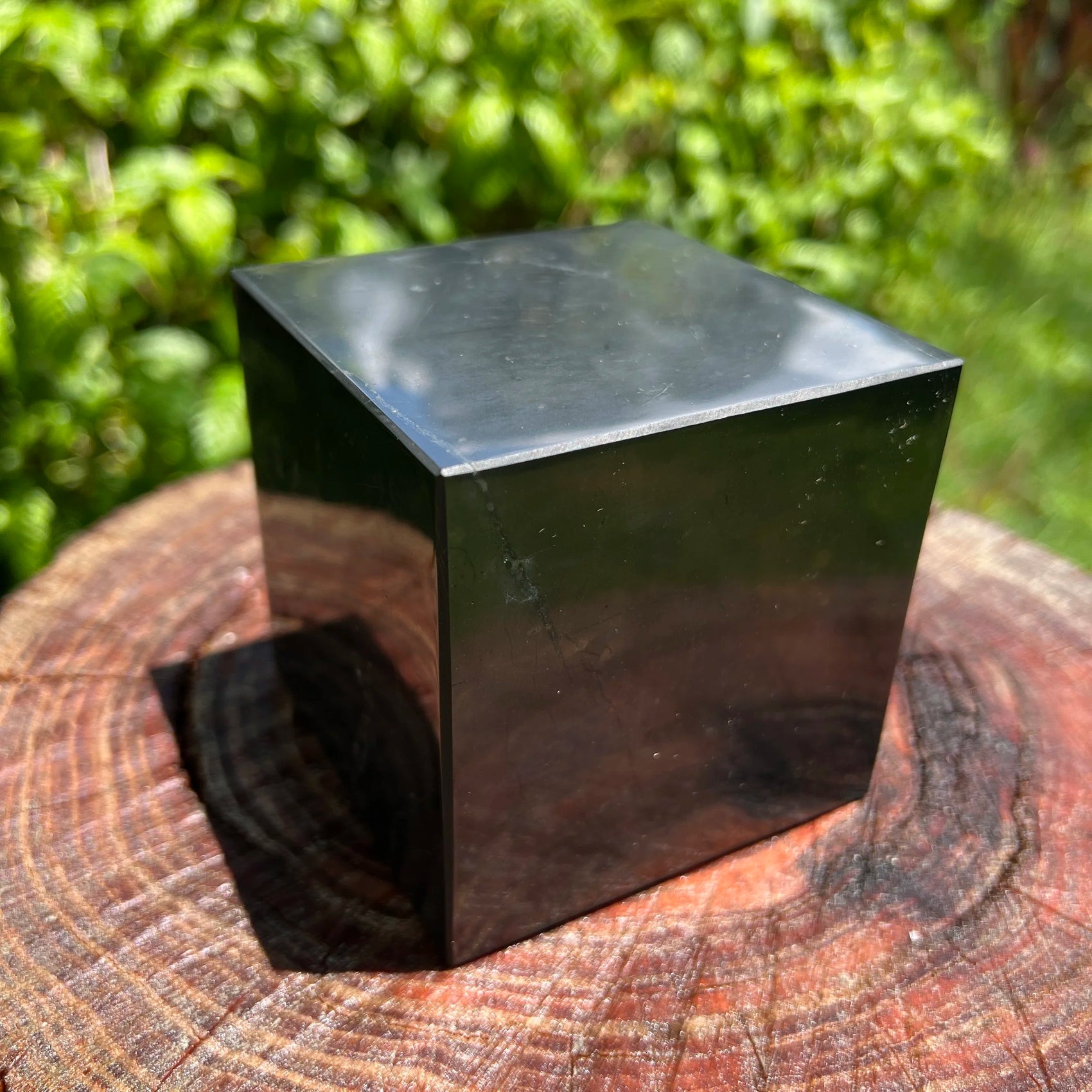 Lifestyle view of one Shungite polished cube for scale, from Russia.