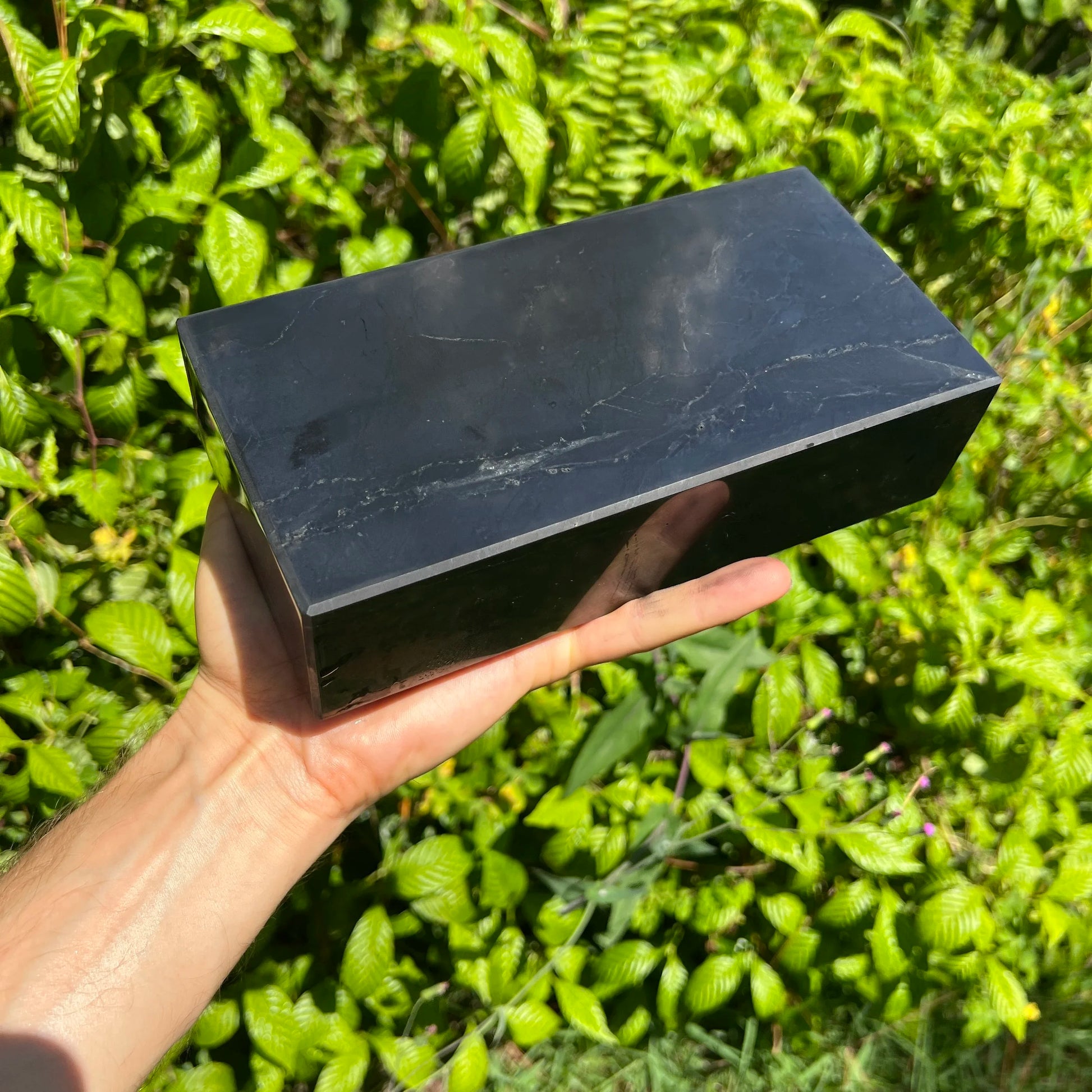 Full piece view of Shungite stone, from Republic of Karélia, Russia, with surface texture in view.