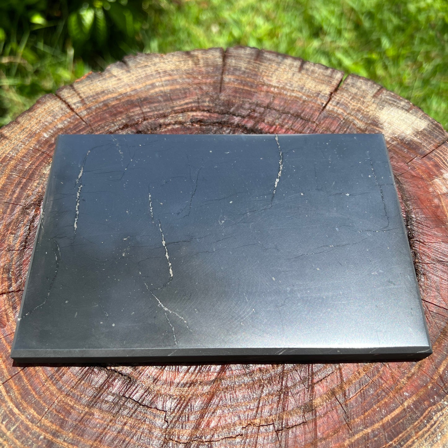 Opposite side of Shungite polished slab, hand-selected from Republic of Karélia, Russia, showing characteristic patterning.