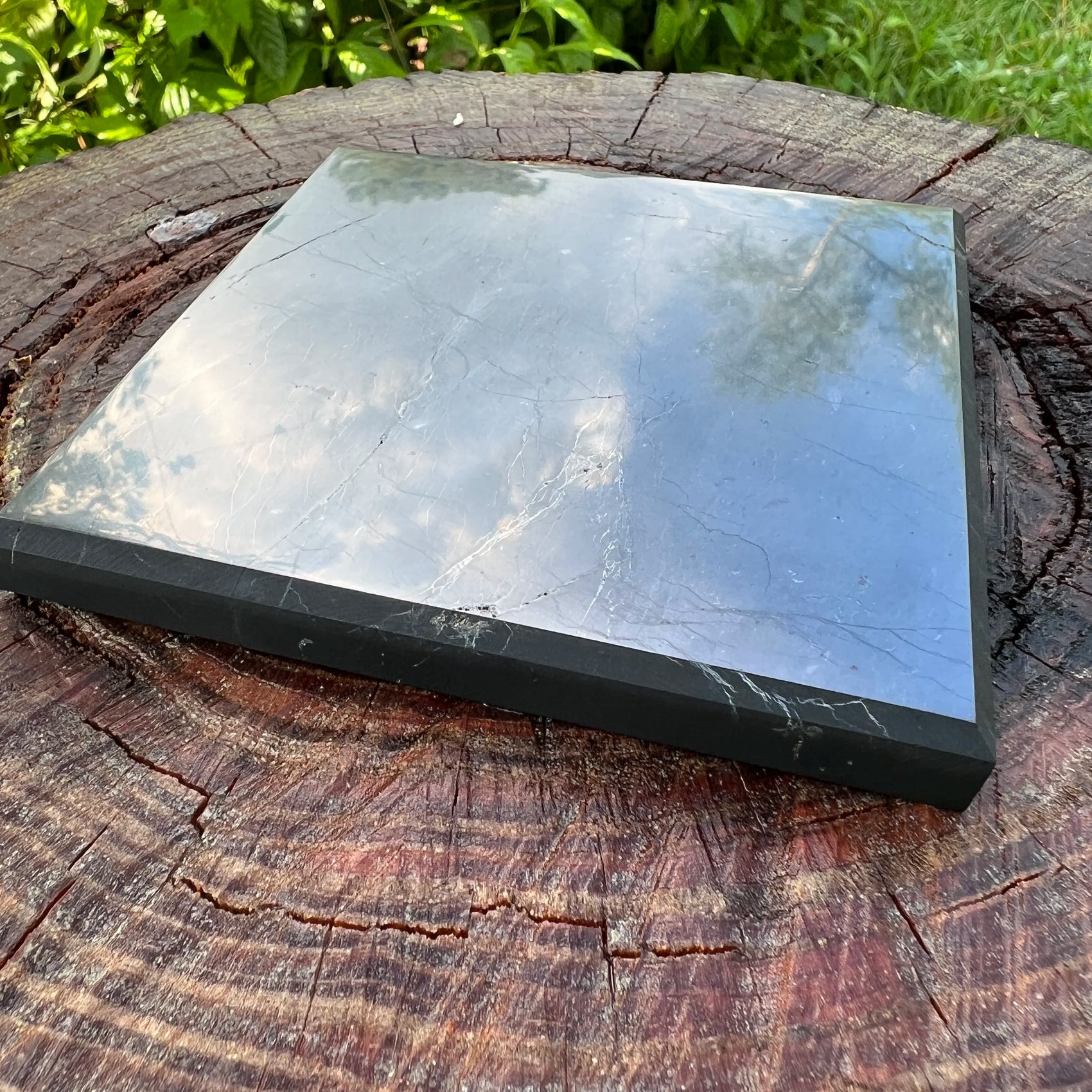 Side perspective of Shungite polished slab, sourced from Russia, to support Protection.