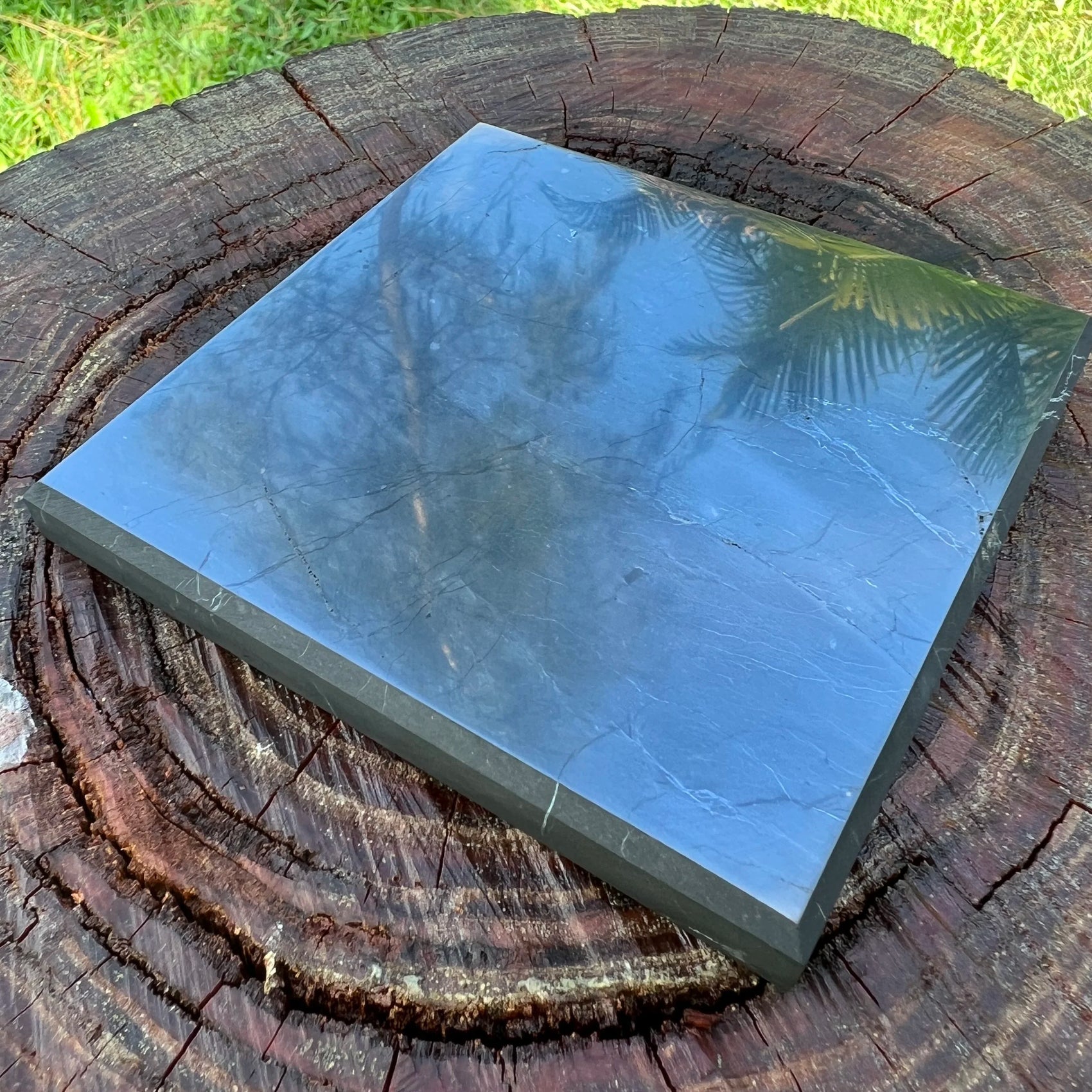 Top-down shot of Shungite polished slab, showing characteristic color, kept close for Protection.