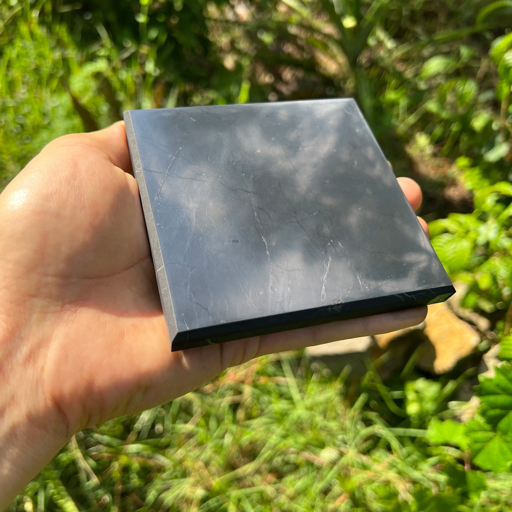 Hand-scale view of Shungite stone, from Republic of Karélia, Russia, in the warmth of daylight.