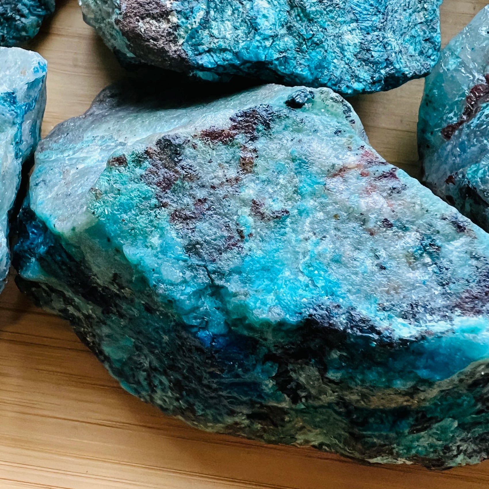 Full profile of Grade A Chrysocolla raw ready to ship from Beyond Bohemian