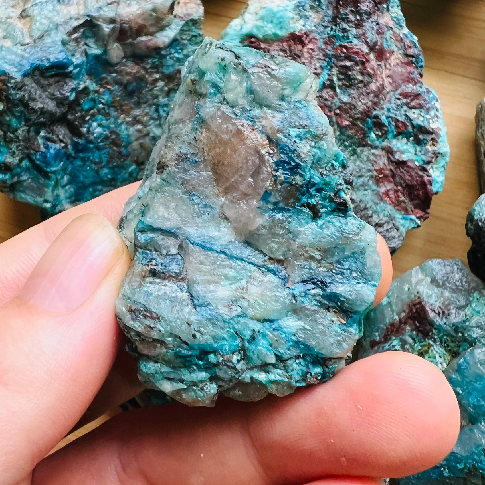 Full profile of Grade A Chrysocolla raw ready to ship from Beyond Bohemian