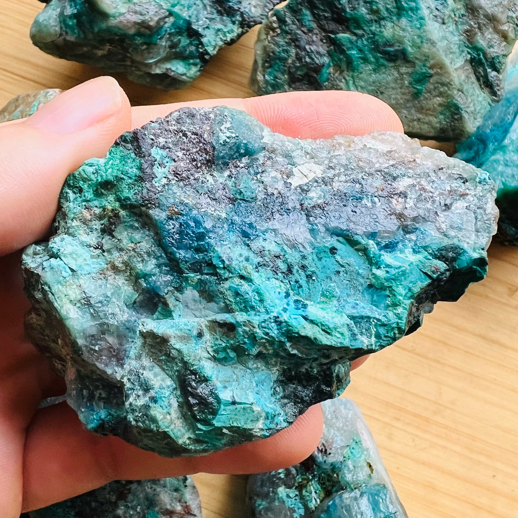 Full profile of Grade A Chrysocolla raw ready to ship from Beyond Bohemian