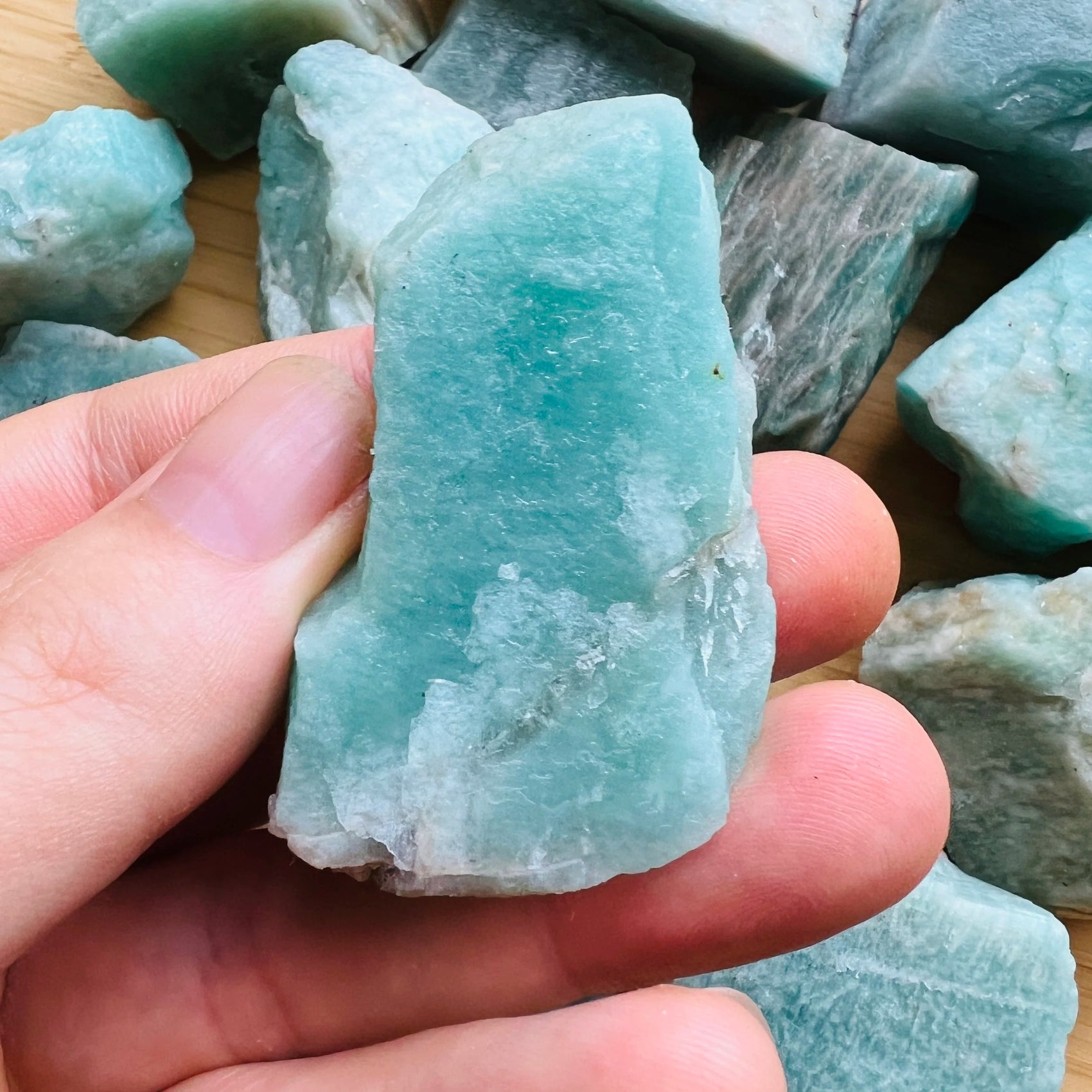 Close-up of Amazonite raw stone from Brazil, soothing wellness stone for Emotional Healing