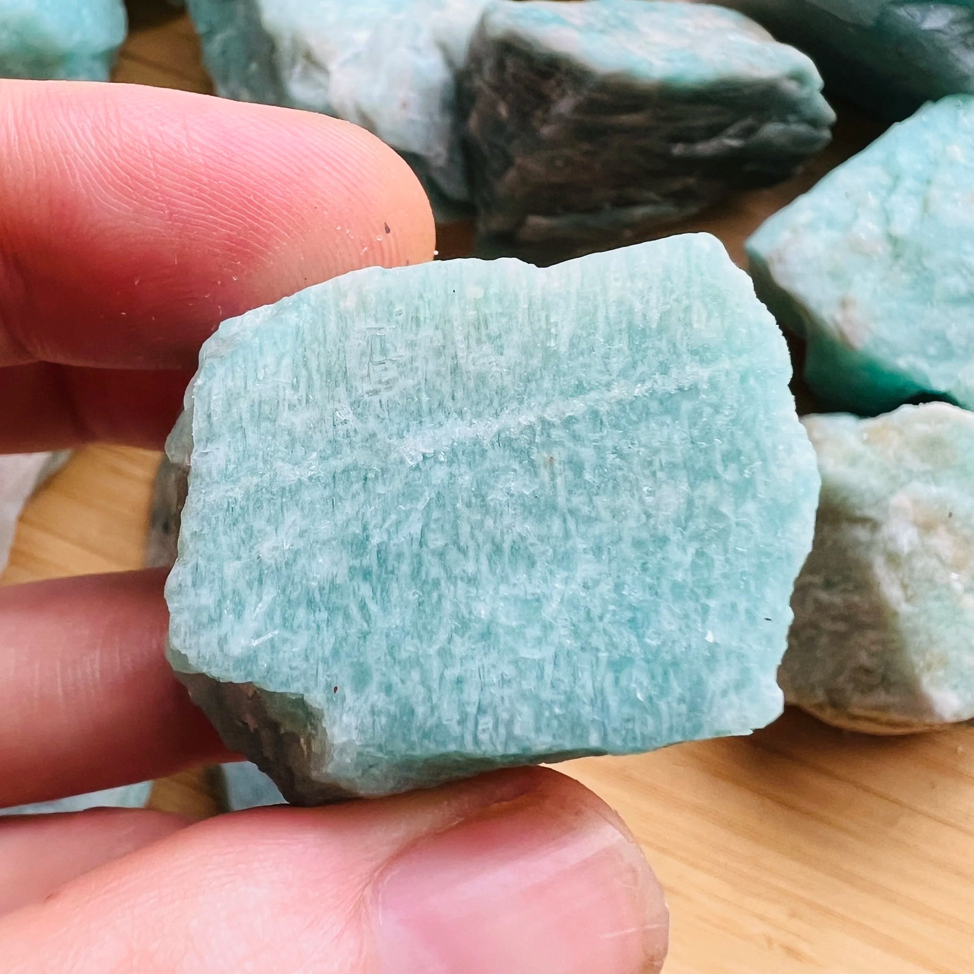 Detail shot of Grade A Amazonite raw under natural light