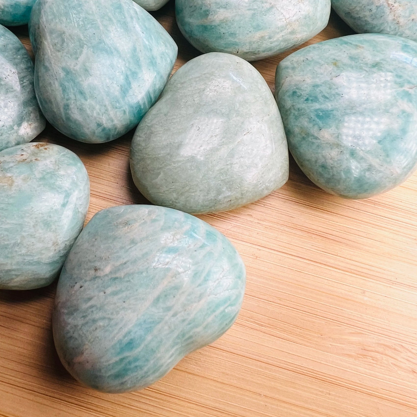 Handheld Amazonite heart carving from Madagascar for meditation, Emotional Healing and Stress Relief