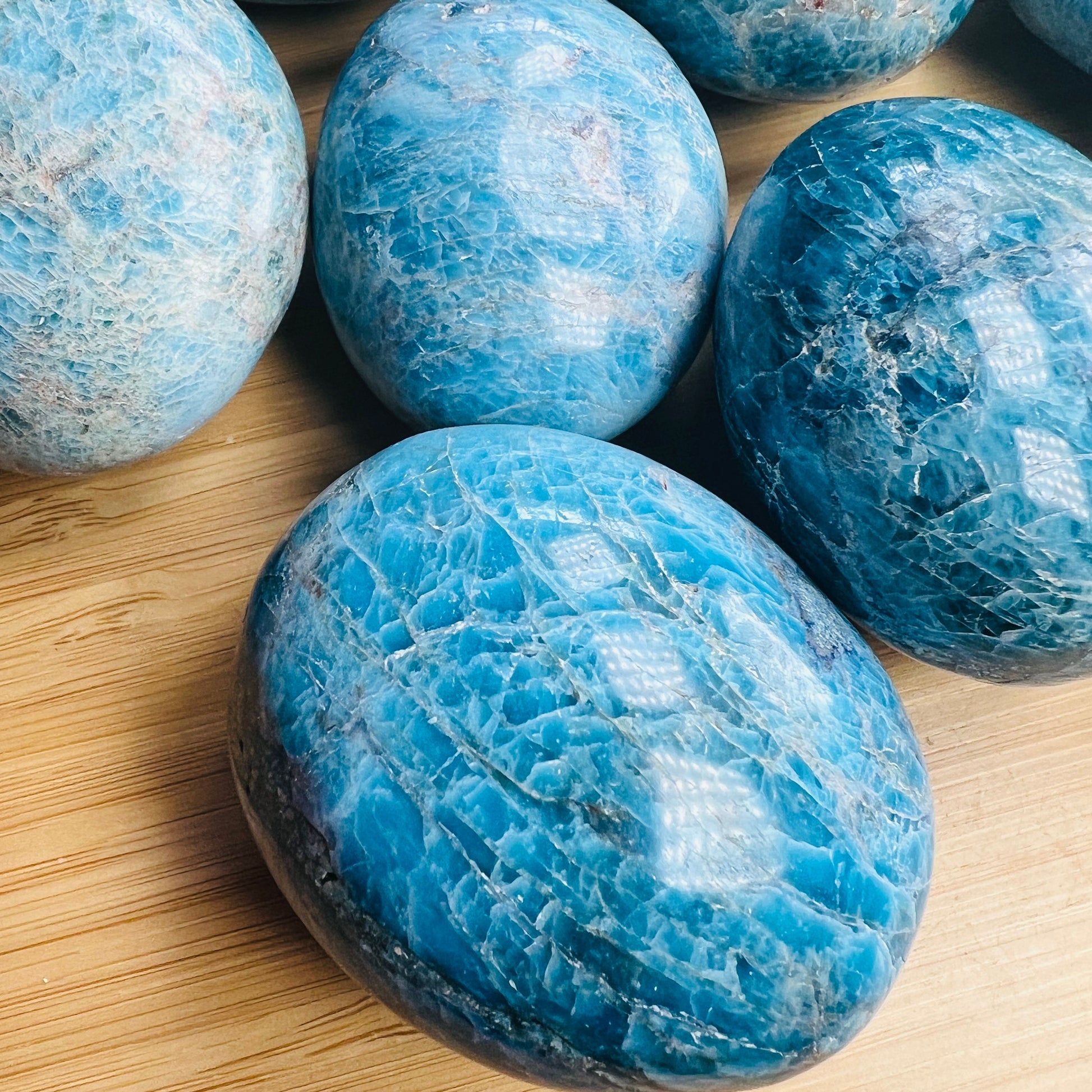 Color detail of Apatite palm stone, to support Focus and Manifestation, showing characteristic color.