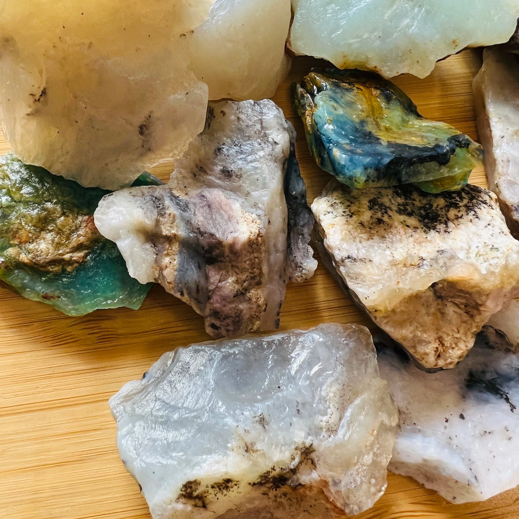 Close-up of Blue Opal raw stone from Peru, soothing wellness stone for Emotional Healing