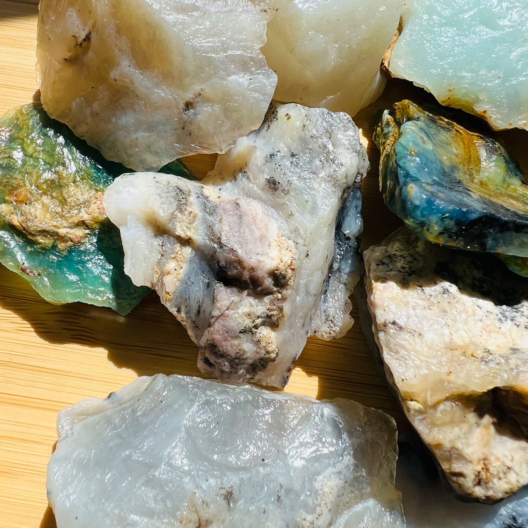 Close-up of Blue Opal raw stone from Peru, soothing wellness stone for Emotional Healing
