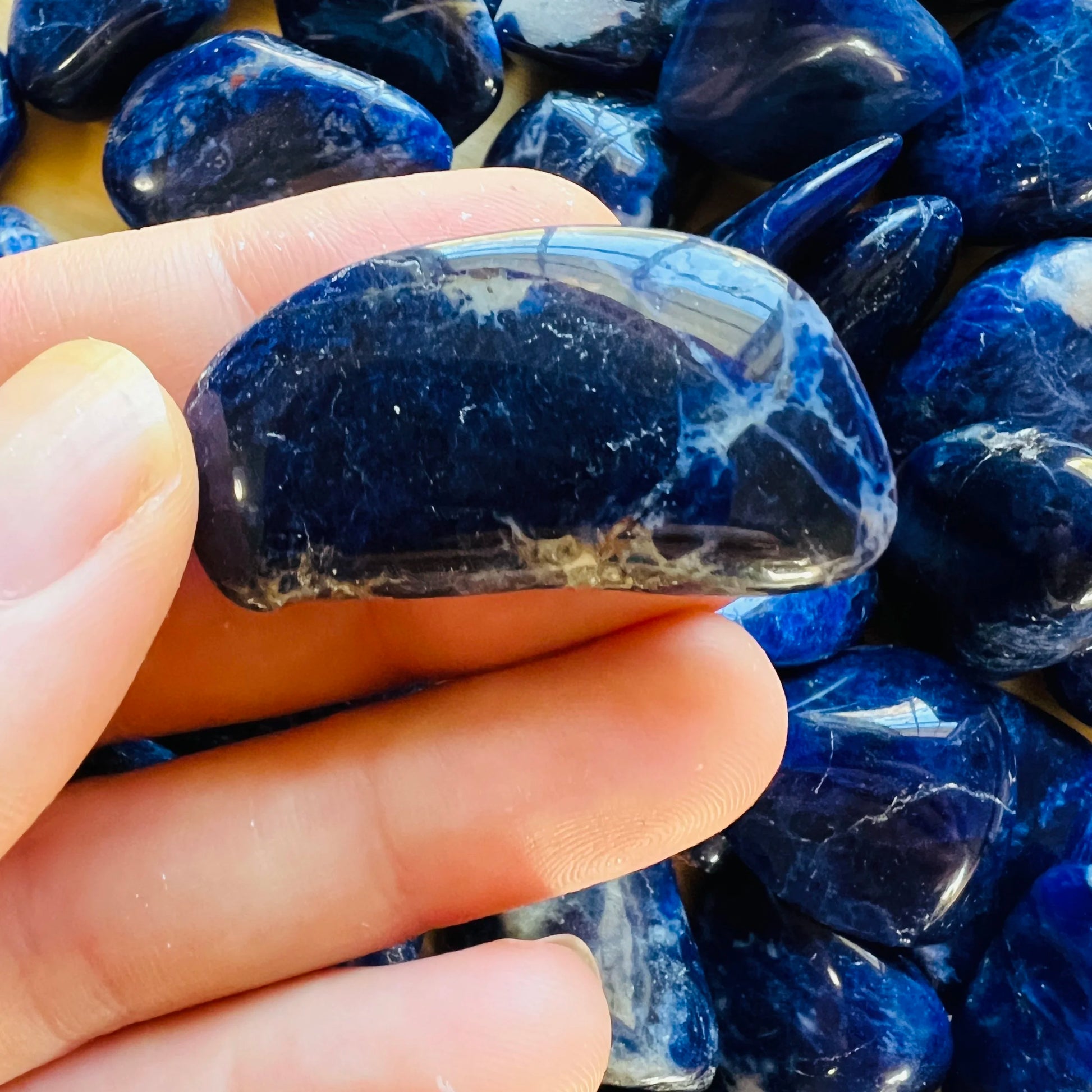 Detail shot of Grade AA Sodalite tumbled stone under natural light