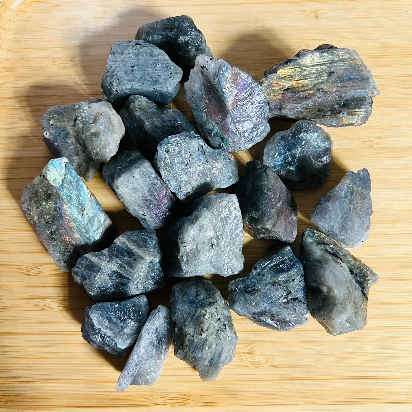 Detail shot of Grade AA Labradorite raw under natural light