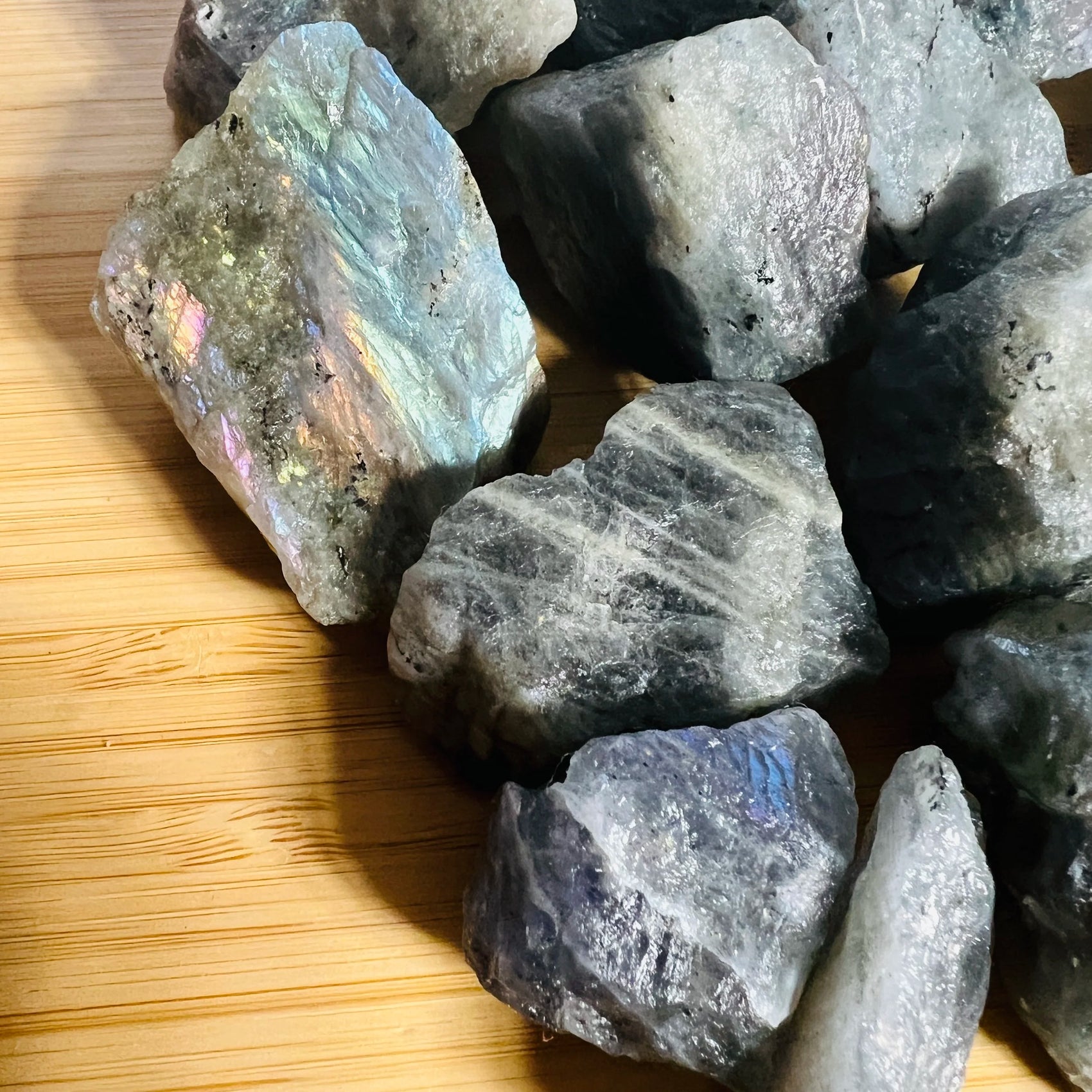Side profile of Labradorite raw stone, from Madagascar.