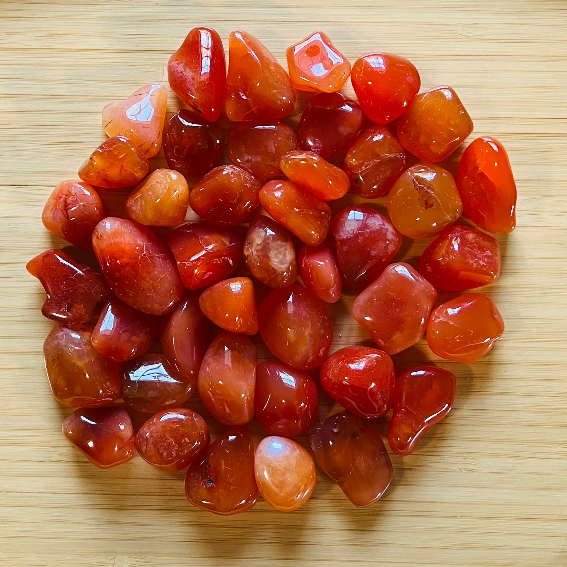 Full profile of Grade AA Carnelian tumbled stone ready to ship from Beyond Bohemian