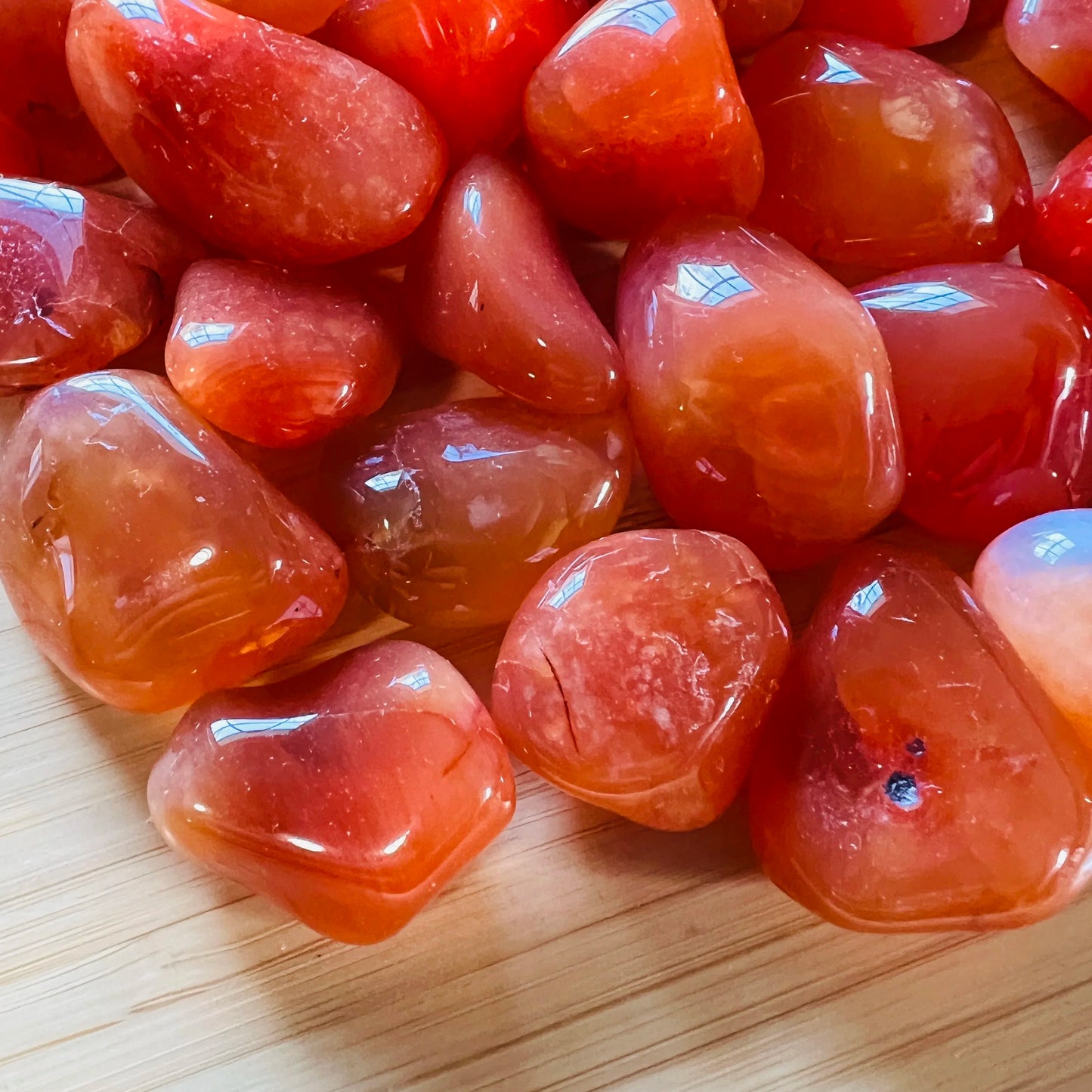 Full profile of Grade AA Carnelian tumbled stone ready to ship from Beyond Bohemian
