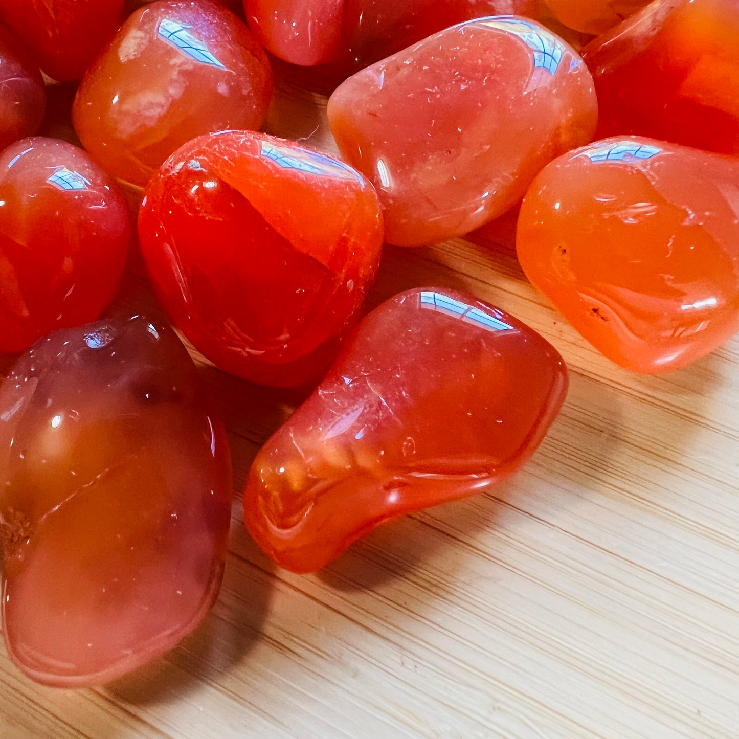 Full profile of Grade AA Carnelian tumbled stone ready to ship from Beyond Bohemian