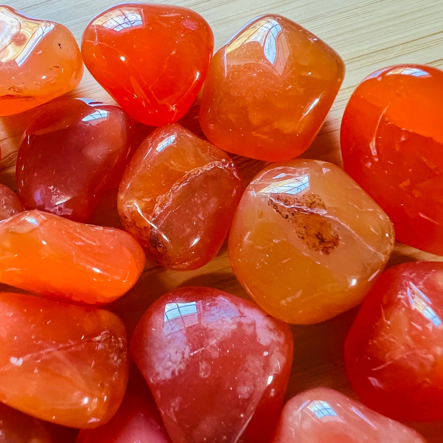 Full profile of Grade AA Carnelian tumbled stone ready to ship from Beyond Bohemian