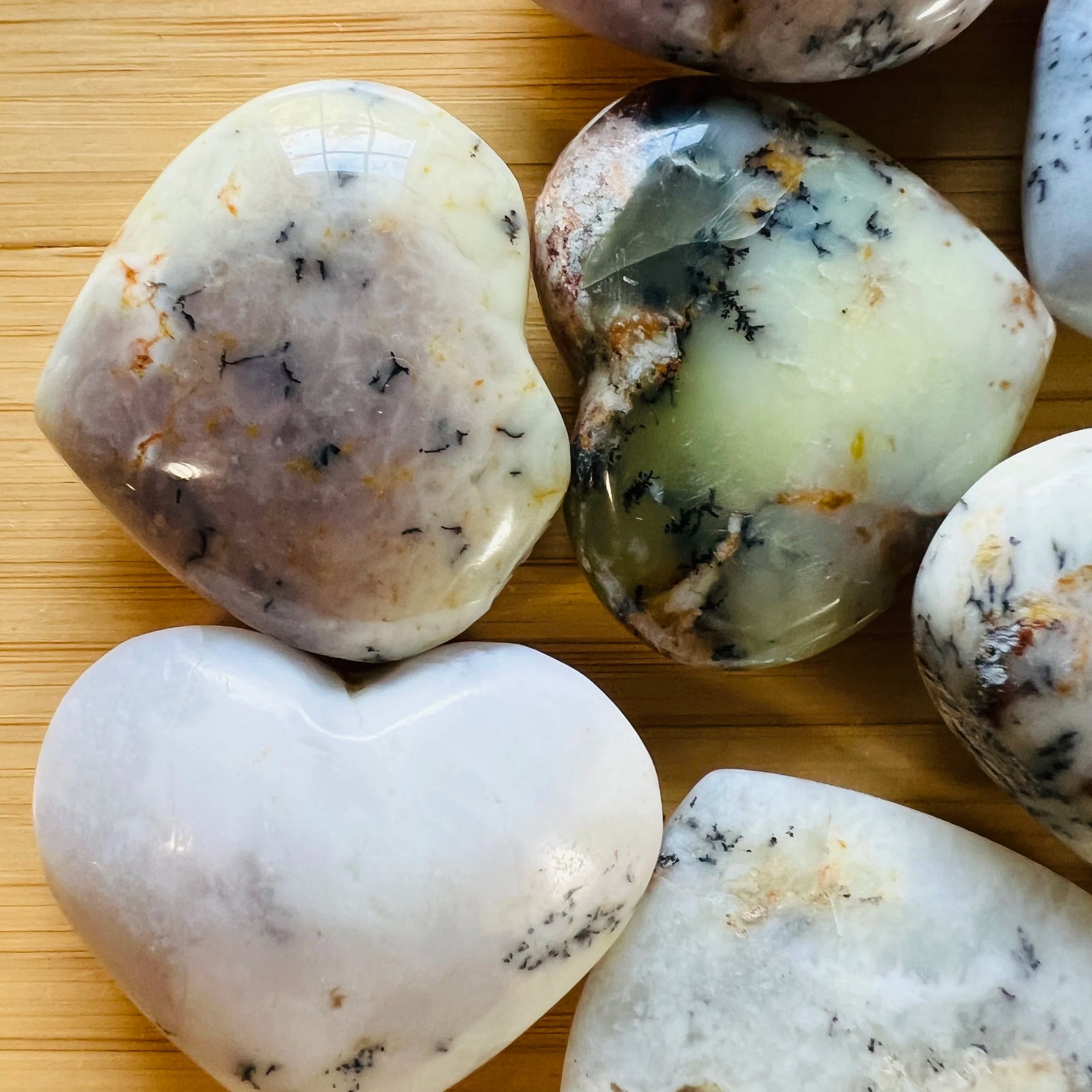 Handheld Dendritic Opal heart carving from Madagascar for meditation, Healing and Meditation