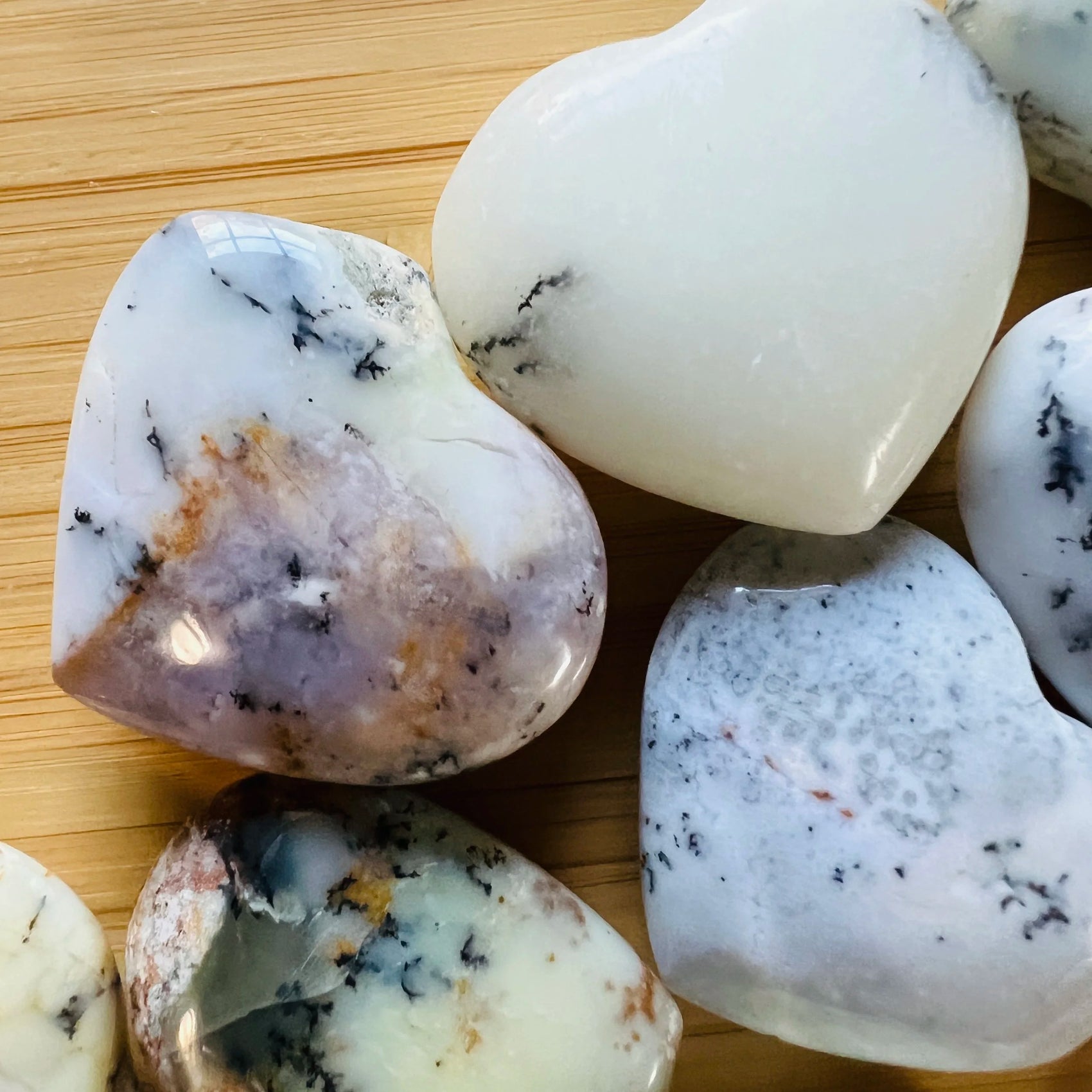 Dendritic Opal heart carving from Madagascar with White, Gray color, polished finish for mindful calm