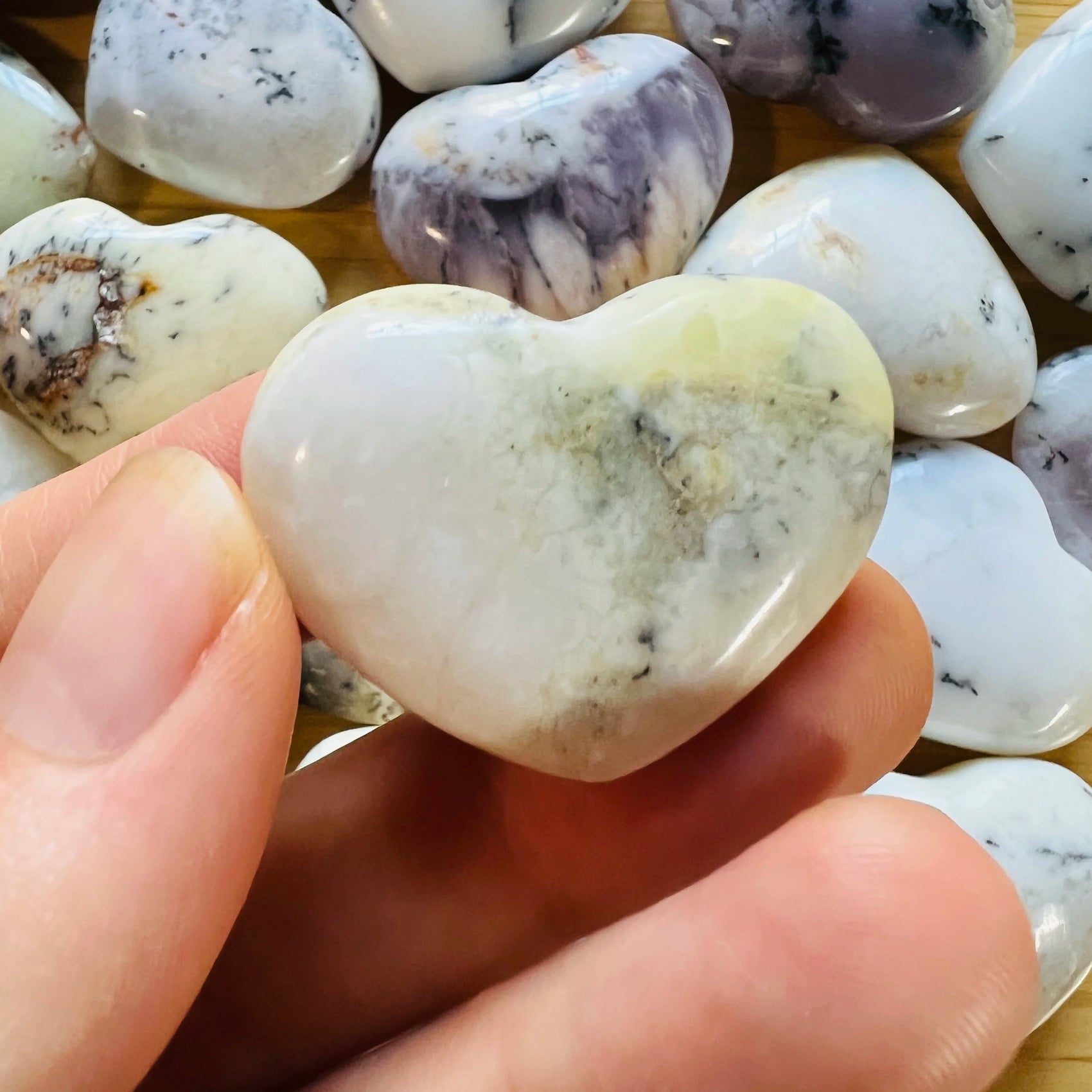Handheld Dendritic Opal heart carving from Madagascar for meditation, Healing and Meditation