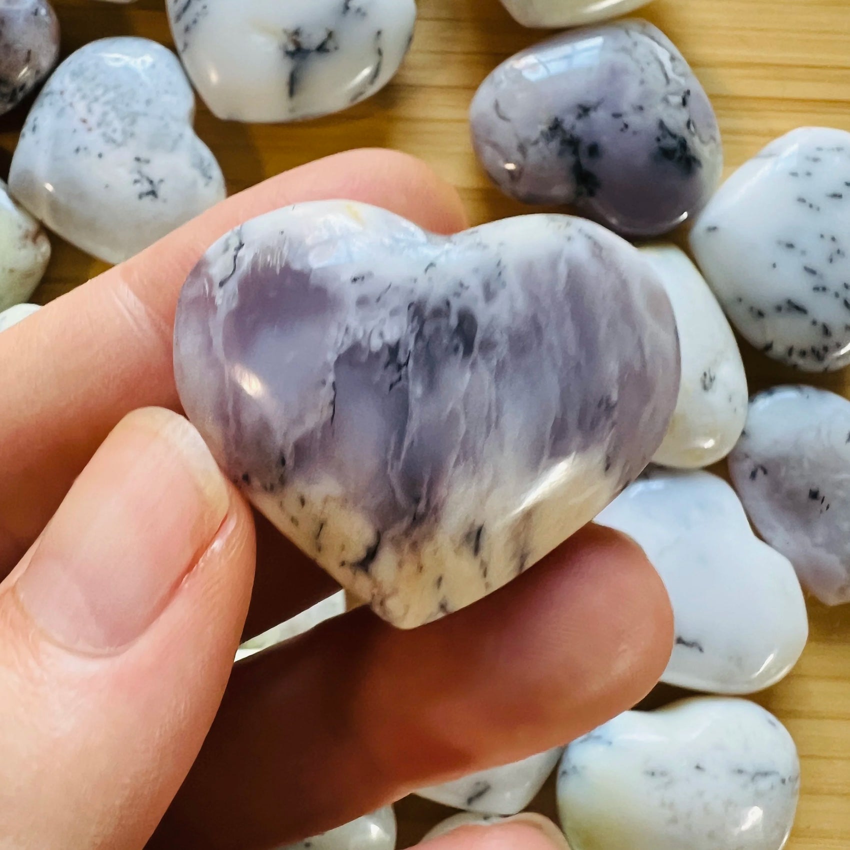 Dendritic Opal heart carvings from Madagascar, White, Gray stones for Healing