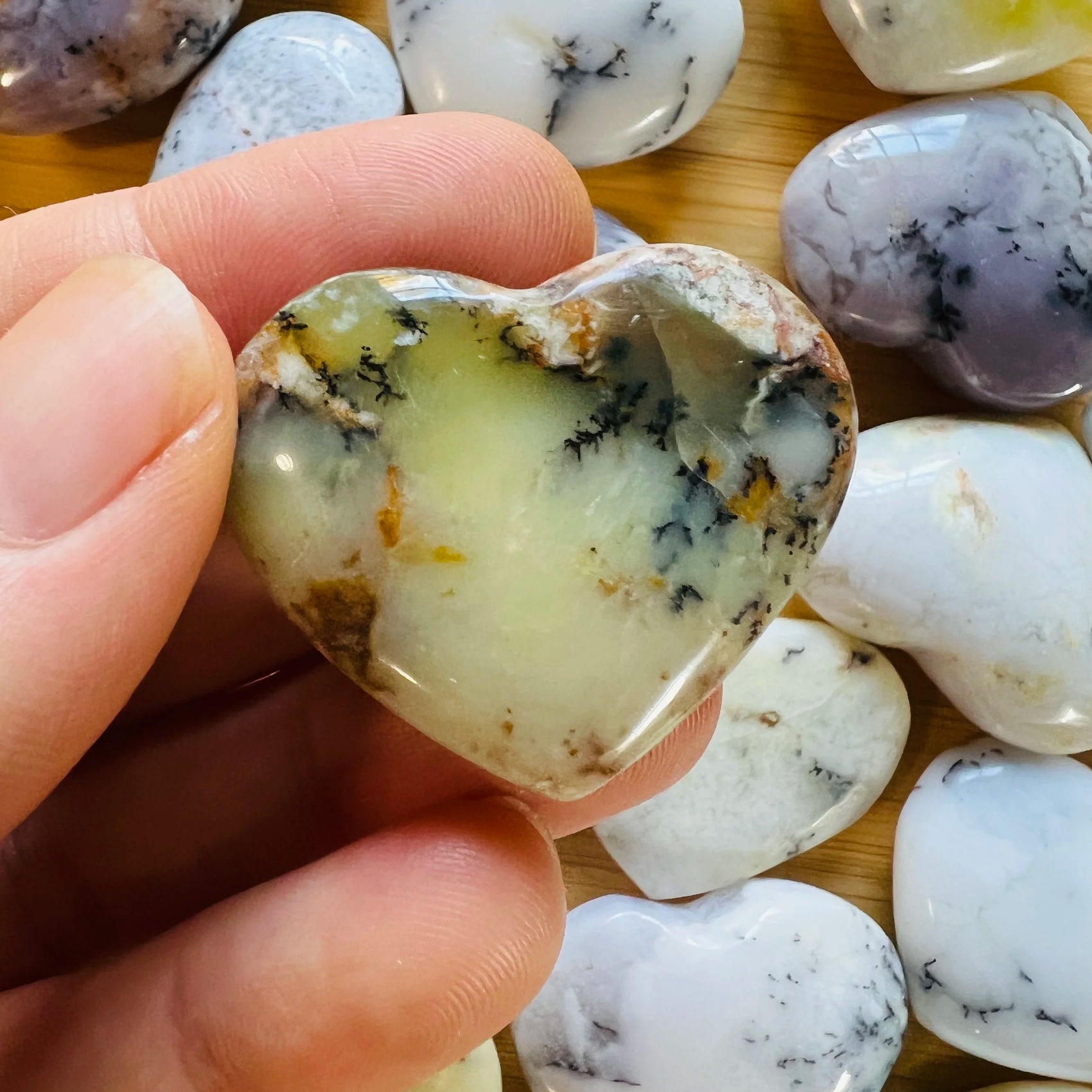 Dendritic Opal heart carving in White, Gray tones from Madagascar for Healing and Meditation