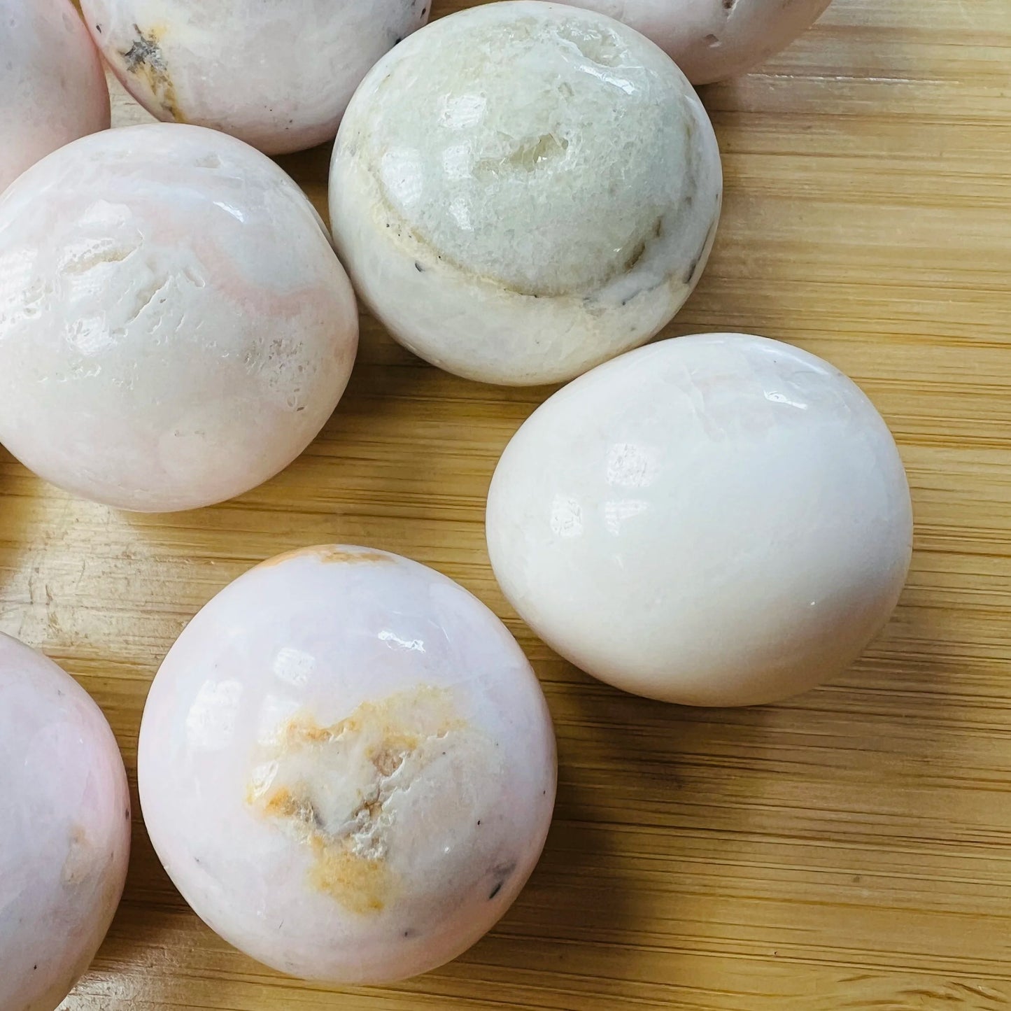 Underside detail of Mangano Calcite tumbled stone, sourced from Ancash, Peru.